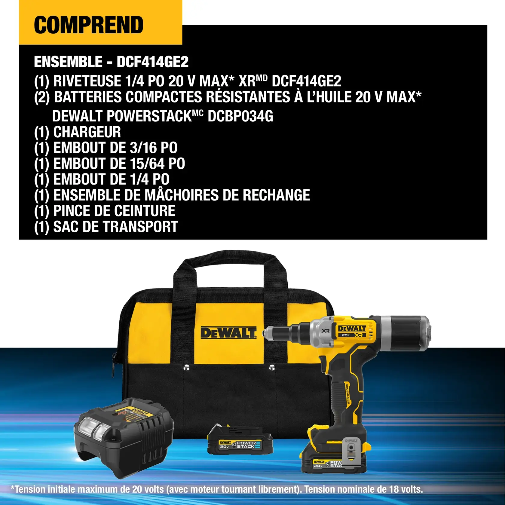 DEWALT DCF414GE2 kit contents shown, including a 20V MAX XR 1/4 inch rivet tool, two POWERSTACK oil-resistant compact batteries, a charger, three nose pieces of different sizes, a replacement jaw set, a belt hook, and a kit bag. All items are displayed against a blue gradient background.