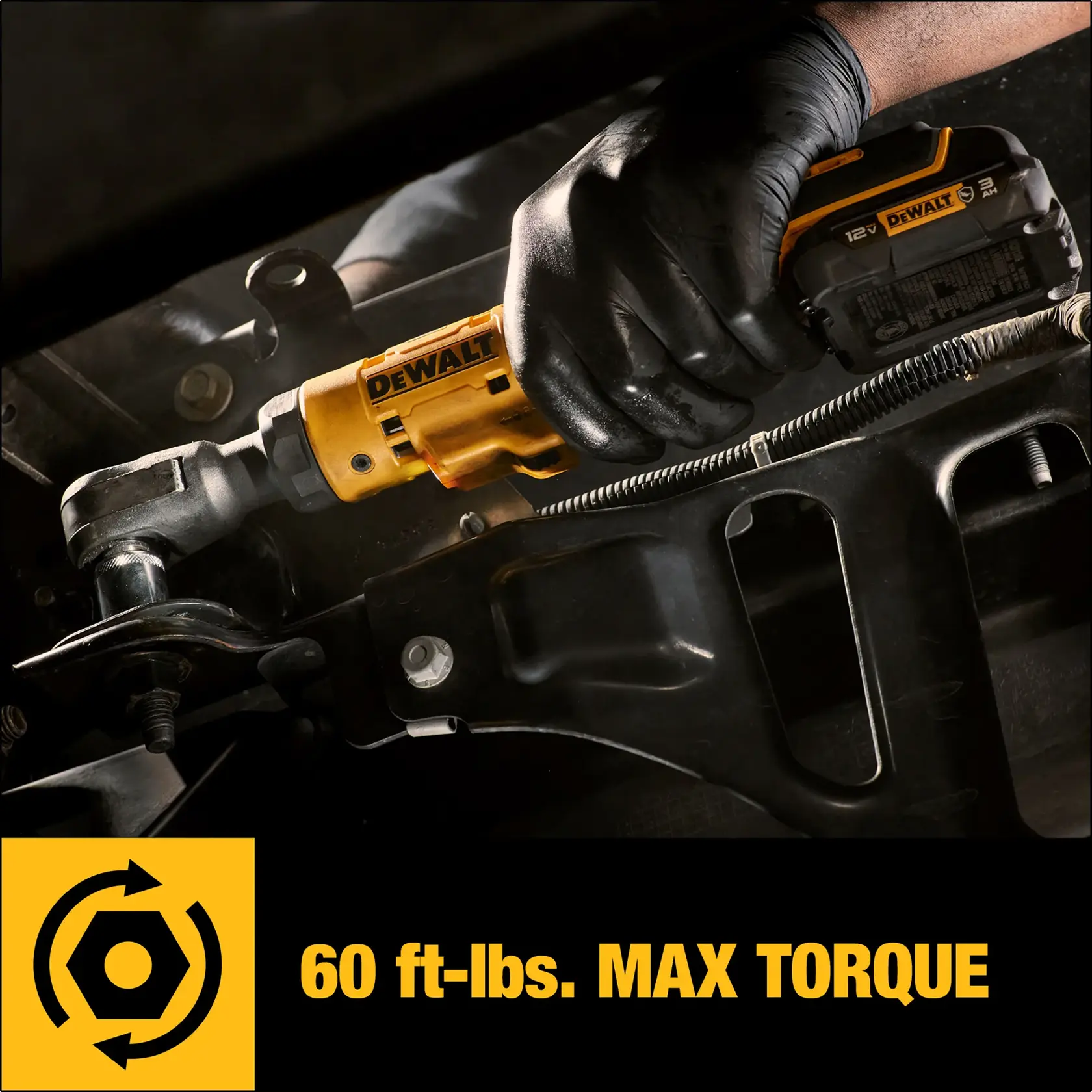 A close-up image of a person wearing a black glove using a yellow cordless DEWALT ratchet tool to tighten or loosen a bolt on a metal component. The tool is labeled with 'DEWALT' and there is a graphic with the text '60 ft-lbs. MAX TORQUE' in yellow at the bottom of the image.
