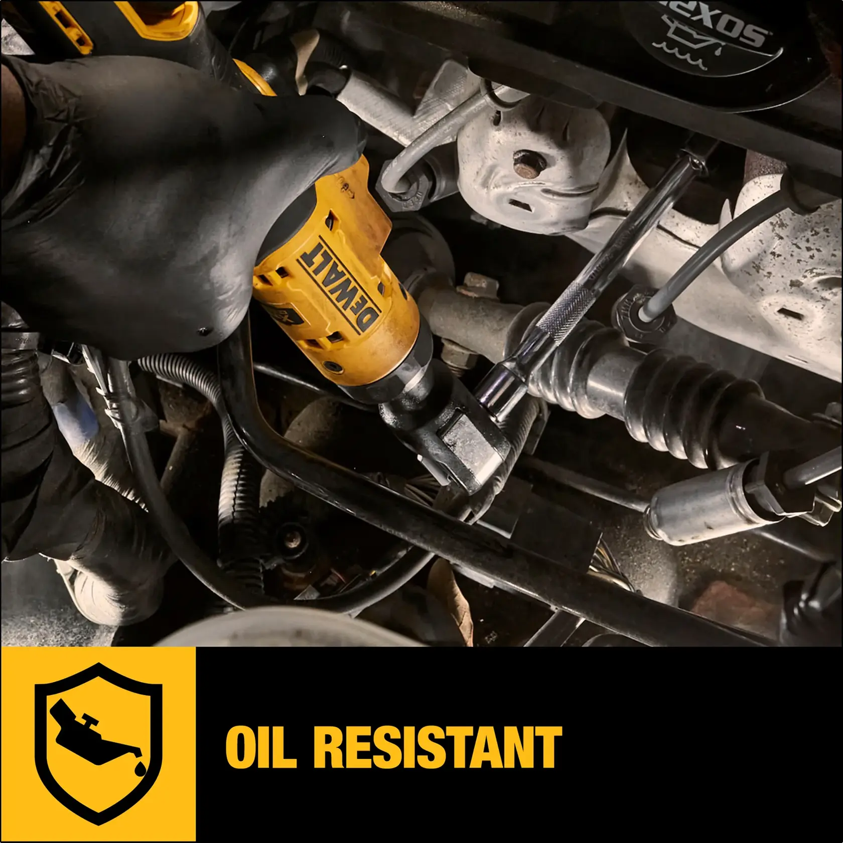 A person wearing a black glove uses a DEWALT cordless ratchet tool to work on a car engine. There are various automotive components and hoses visible. A graphic at the bottom shows a shield with an oil drizzle and the words 'OIL RESISTANT' in bold yellow.
