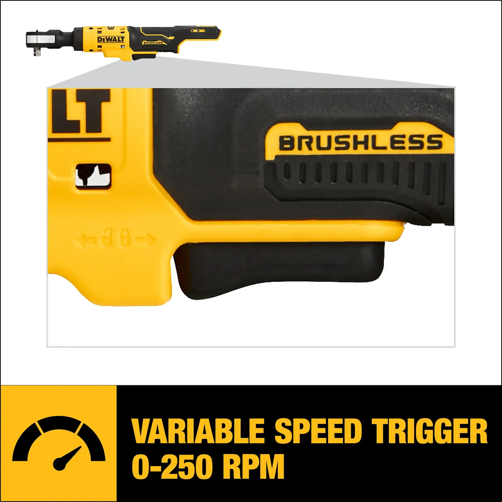Image showing a DEWALT brushless power tool, specifically highlighting the variable speed trigger feature with a speed range of 0-250 RPM.