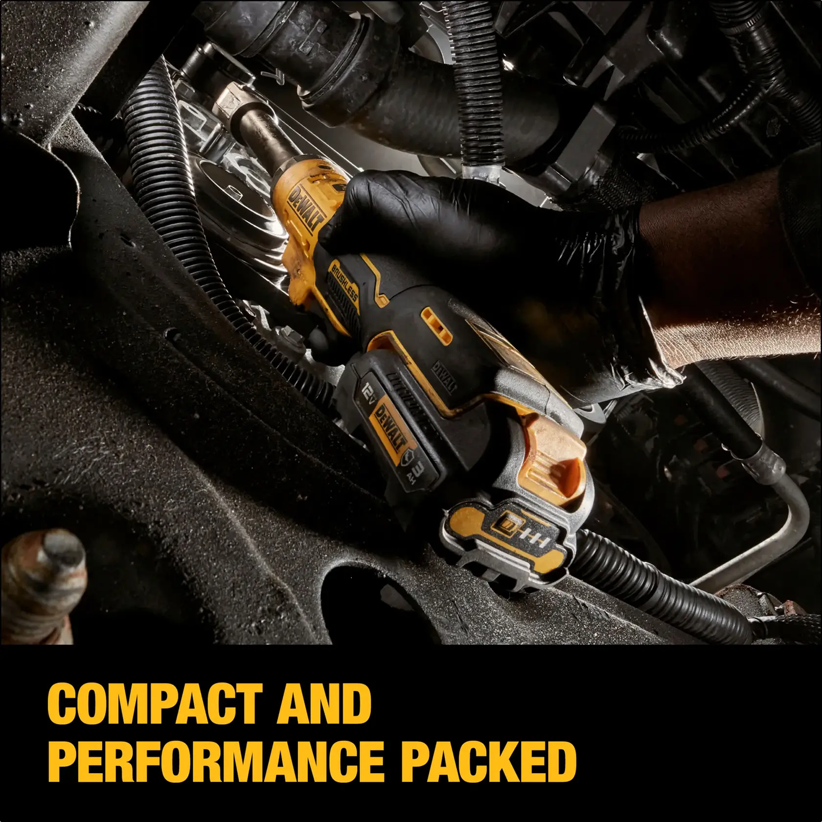 A person wearing a black glove uses a DEWALT cordless ratchet tool to work on machinery in a tight space. The tool is compact and performance-packed, with the DEWALT branding visible. Bold yellow text at the bottom reads: 'COMPACT AND PERFORMANCE PACKED.'