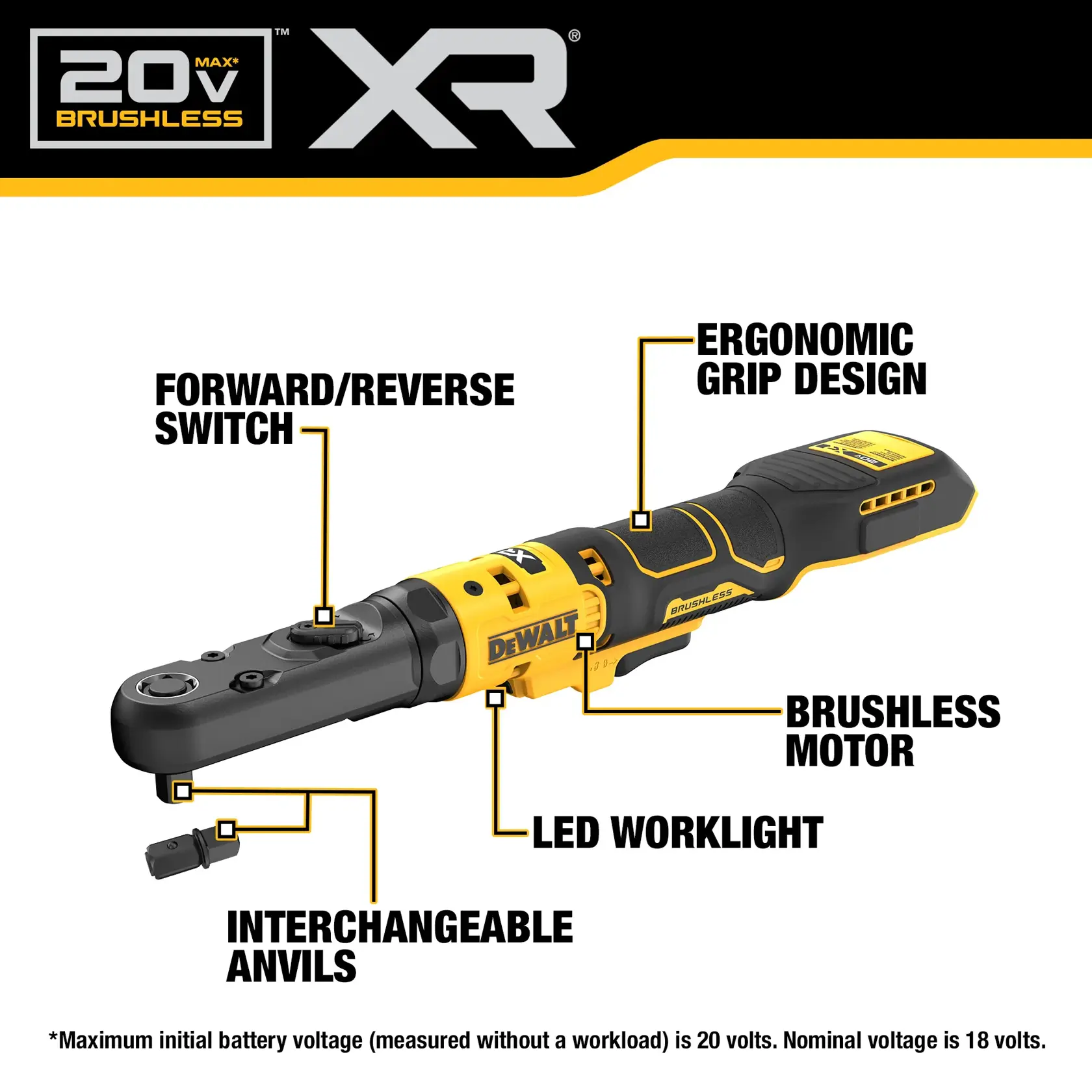 Image of a DEWALT 20V MAX XR brushless ratchet tool. Features highlighted include a forward/reverse switch, ergonomic grip design, brushless motor, LED worklight, and interchangeable anvils. Brand name DEWALT is visible on the tool.