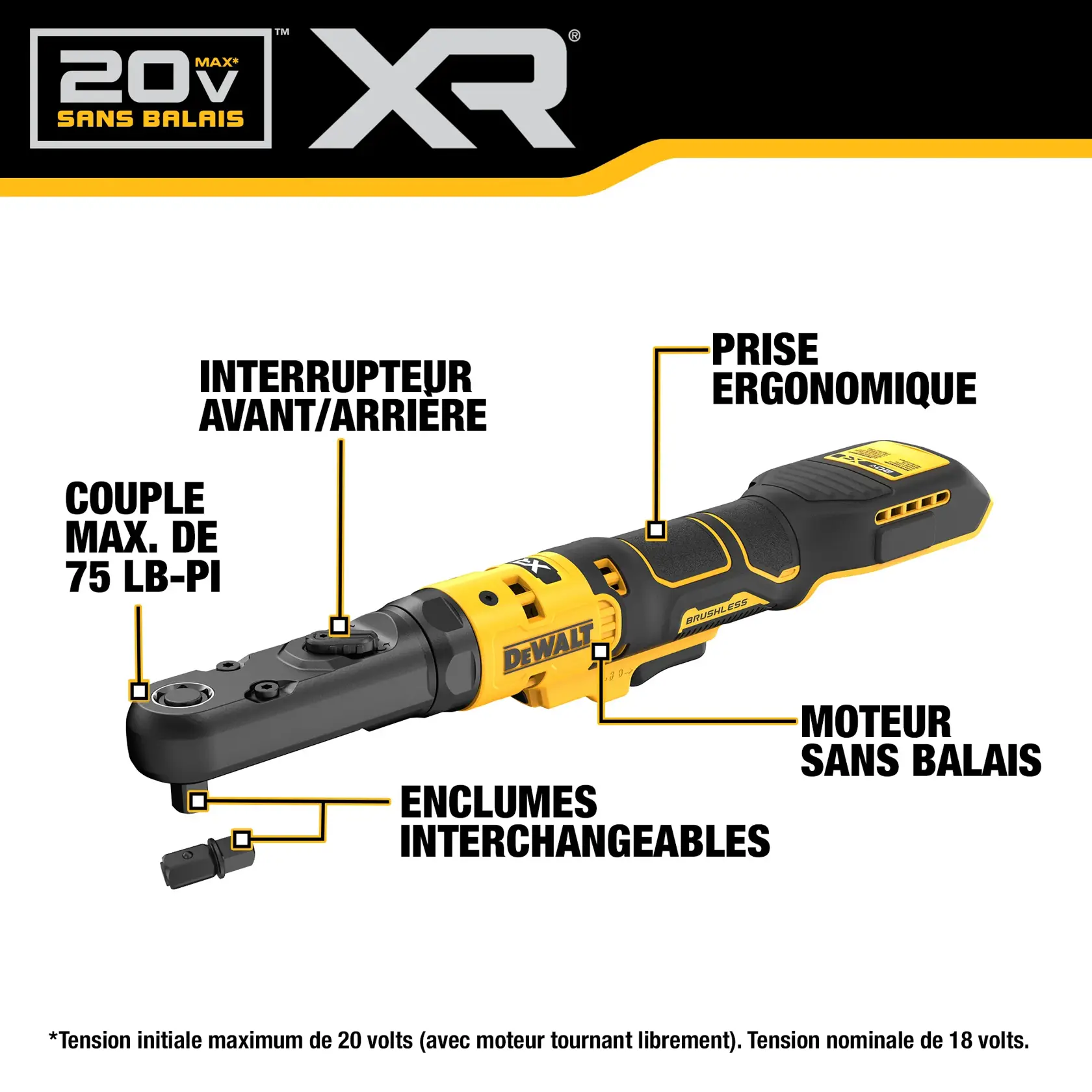 Image of a DEWALT 20V MAX XR brushless ratchet tool. Features highlighted include a forward/reverse switch, ergonomic grip design, brushless motor, LED worklight, and interchangeable anvils. Brand name DEWALT is visible on the tool.