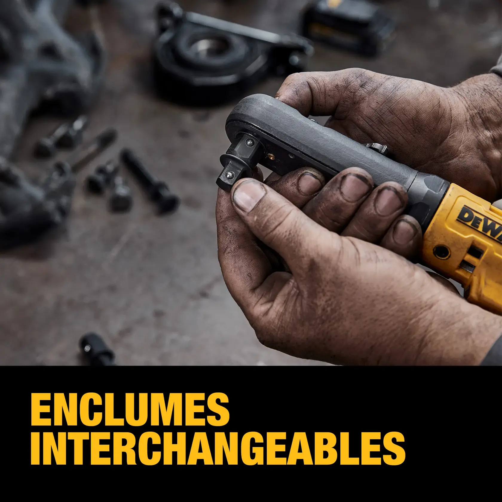 A close-up of dirty hands holding a DEWALT power tool with an interchangeable anvil, on a workshop table with scattered bolts and mechanical parts. The text 'INTERCHANGEABLE ANVILS' is displayed in bold yellow letters at the bottom.