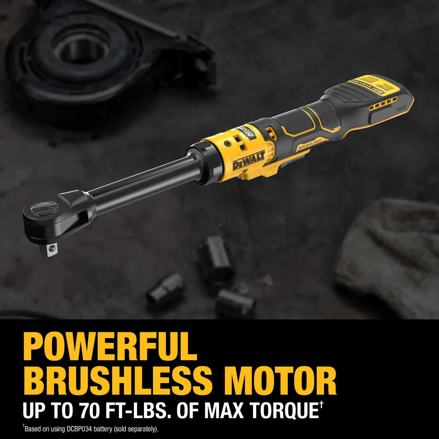 A DEWALT cordless ratchet tool with a brushless motor, shown against a workshop background, highlighting its capability of up to 70 ft-lbs. of maximum torque.