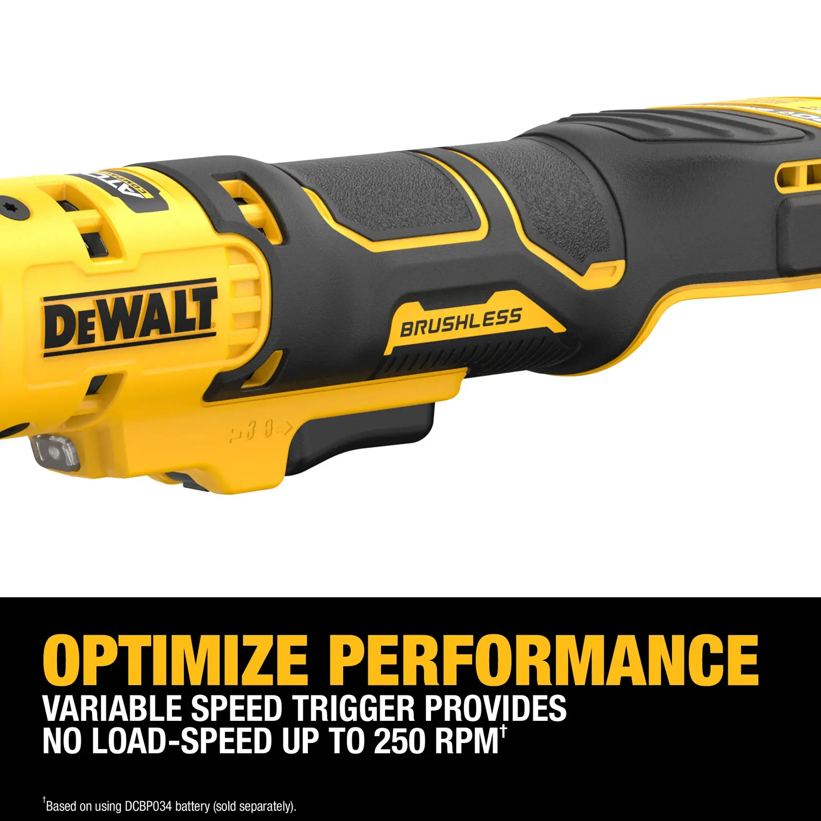 Close-up of a DEWALT brushless power tool handle, showing the DEWALT logo and detailing. Text below highlights optimized performance, variable speed trigger, and up to 250 RPM no-load speed.