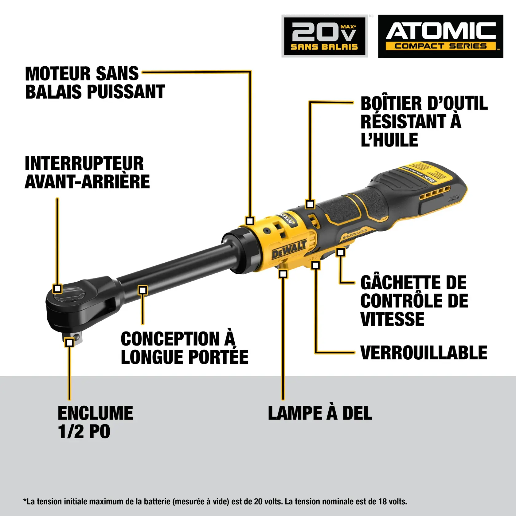 Image of a DEWALT 20V MAX Atomic Compact Series ratchet tool, highlighting features such as powerful brushless motor, oil resistant housing, forward/reverse switch, variable speed trigger, trigger lock, extended reach design, 1/2 inch anvil, and LED light.