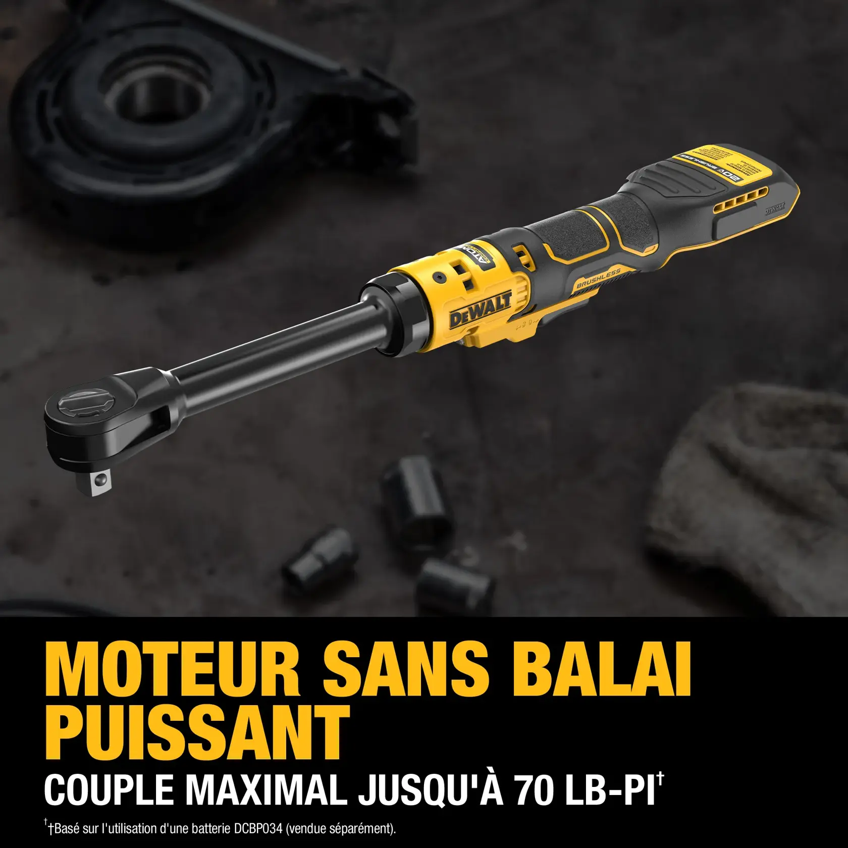 A DEWALT cordless ratchet tool with a brushless motor, shown against a workshop background, highlighting its capability of up to 70 ft-lbs. of maximum torque.