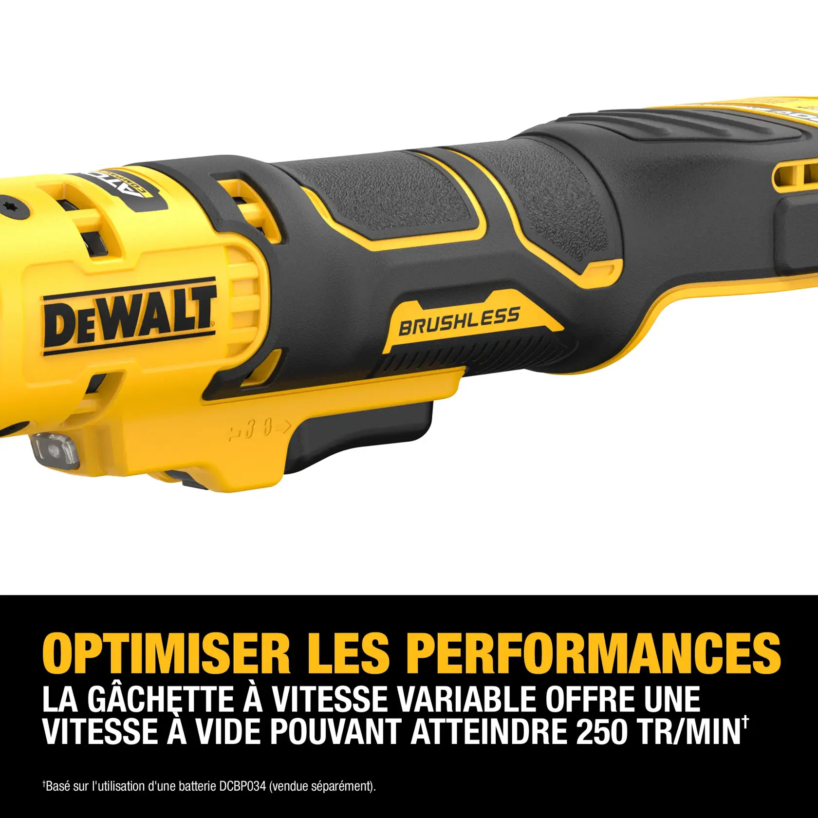Close-up of a DEWALT brushless power tool handle, showing the DEWALT logo and detailing. Text below highlights optimized performance, variable speed trigger, and up to 250 RPM no-load speed.