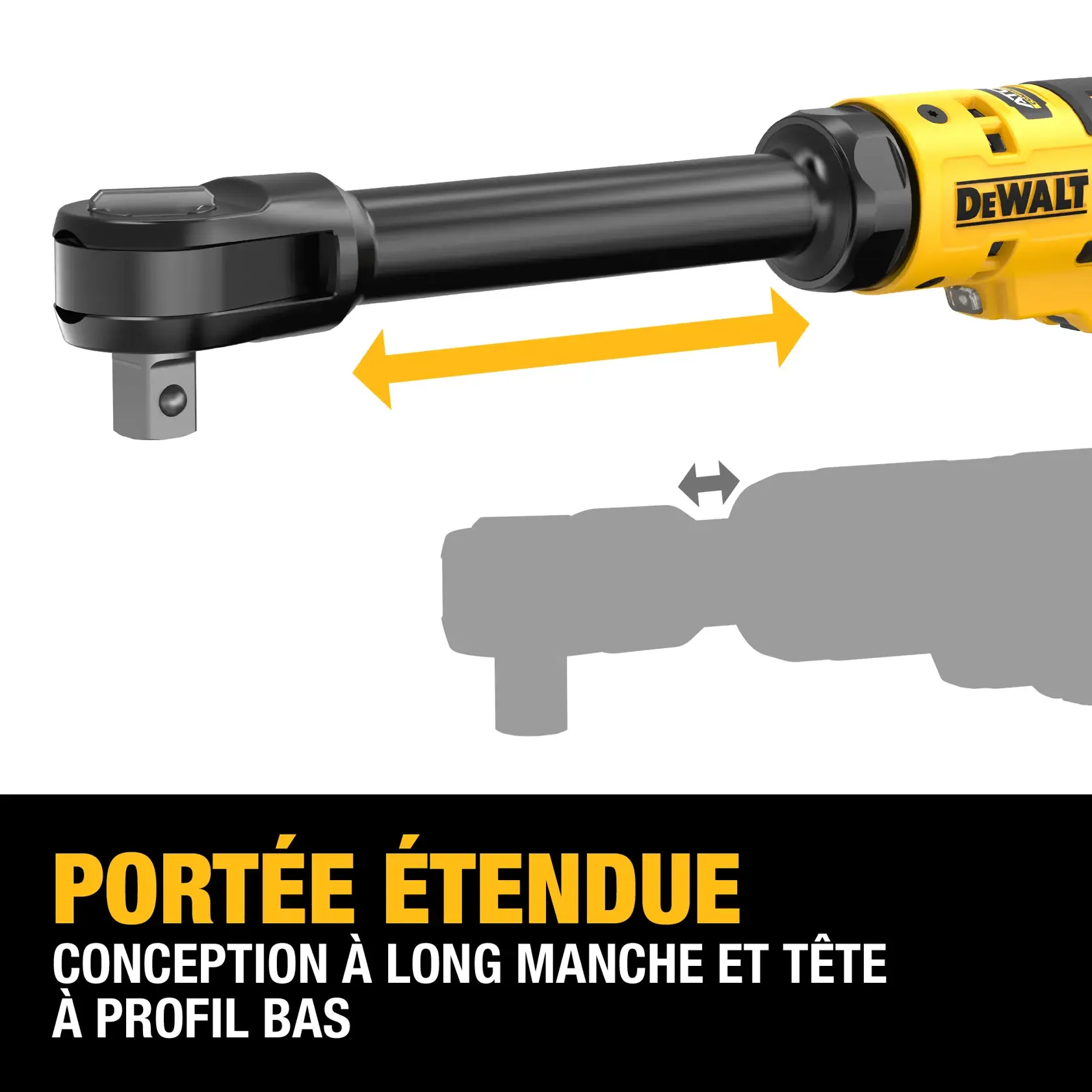A DEWALT power tool with an extended reach long neck design and low profile head, highlighted by a yellow arrow, emphasizing its capability to access tight spaces. Text below reads: 'EXTENDED REACH LONG NECK DESIGN AND LOW PROFILE HEAD.'
