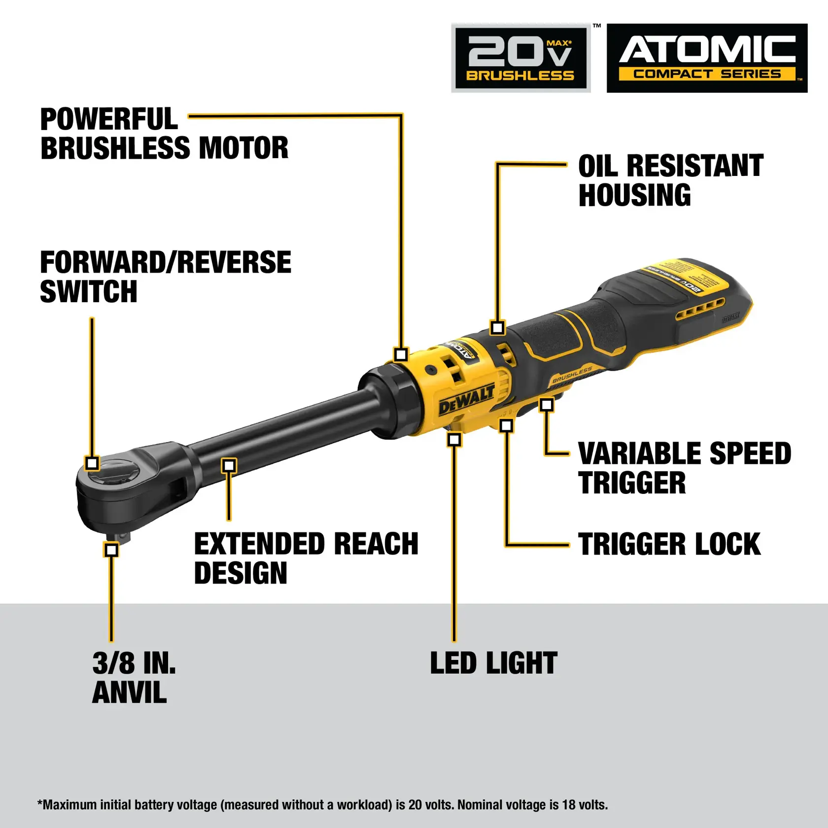 Image of a DEWALT ATOMIC 20V MAX Brushless Cordless Ratchet with key features highlighted, including powerful brushless motor, oil resistant housing, forward/reverse switch, variable speed trigger, trigger lock, extended reach design, LED light, and 3/8 inch anvil.