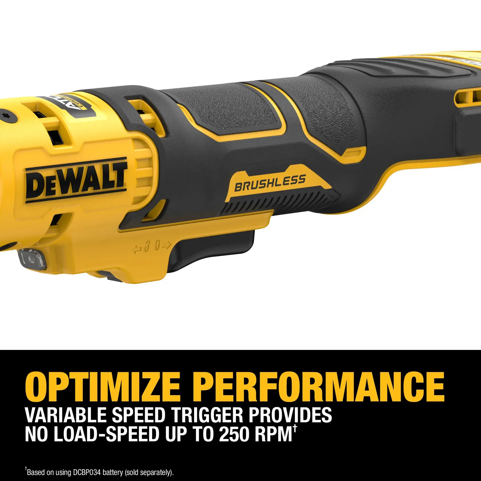 Close-up image of a DEWALT brushless power tool handle, featuring yellow and black color scheme. Text on the image highlights 'Optimize Performance' with a variable speed trigger that provides no load-speed up to 250 RPM. Additional information notes that speeds are based on using DCBP034 battery, which is sold separately.