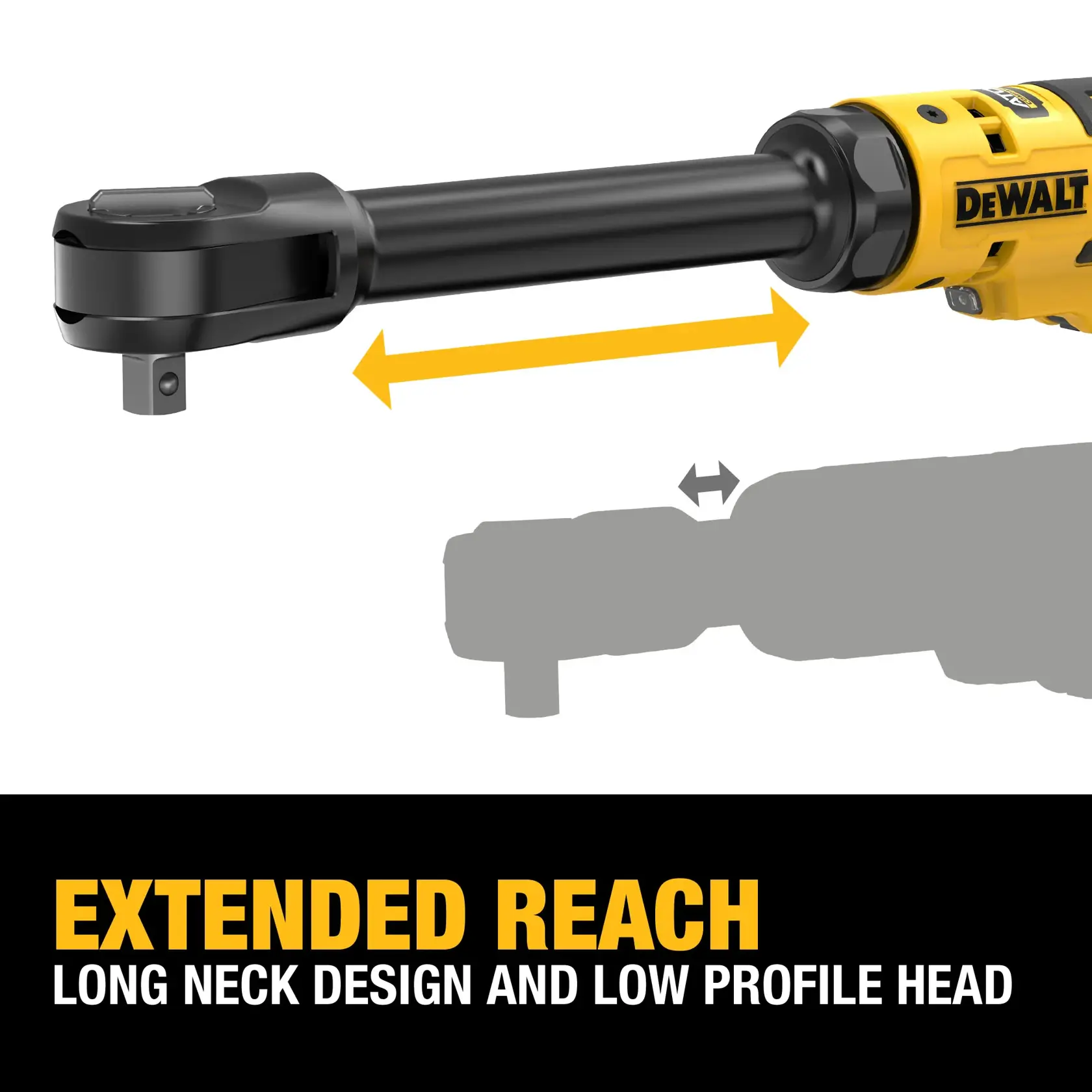 Image of a DEWALT power tool, specifically a long-neck electric ratchet. The tool is highlighted with an arrow indicating its extended reach feature. The text on the image reads 'EXTENDED REACH - LONG NECK DESIGN AND LOW PROFILE HEAD.'