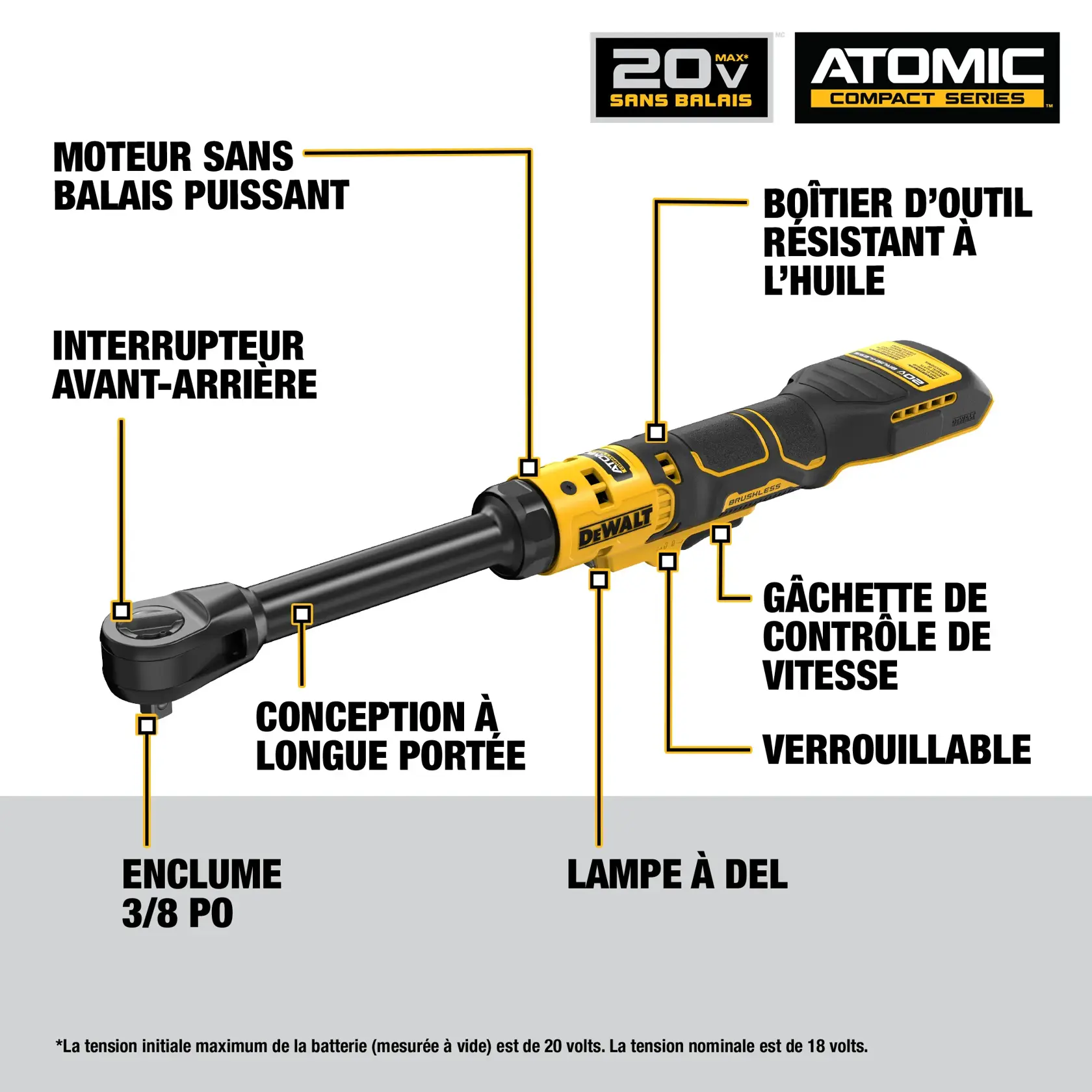 Image of a DEWALT ATOMIC 20V MAX Brushless Cordless Ratchet with key features highlighted, including powerful brushless motor, oil resistant housing, forward/reverse switch, variable speed trigger, trigger lock, extended reach design, LED light, and 3/8 inch anvil.