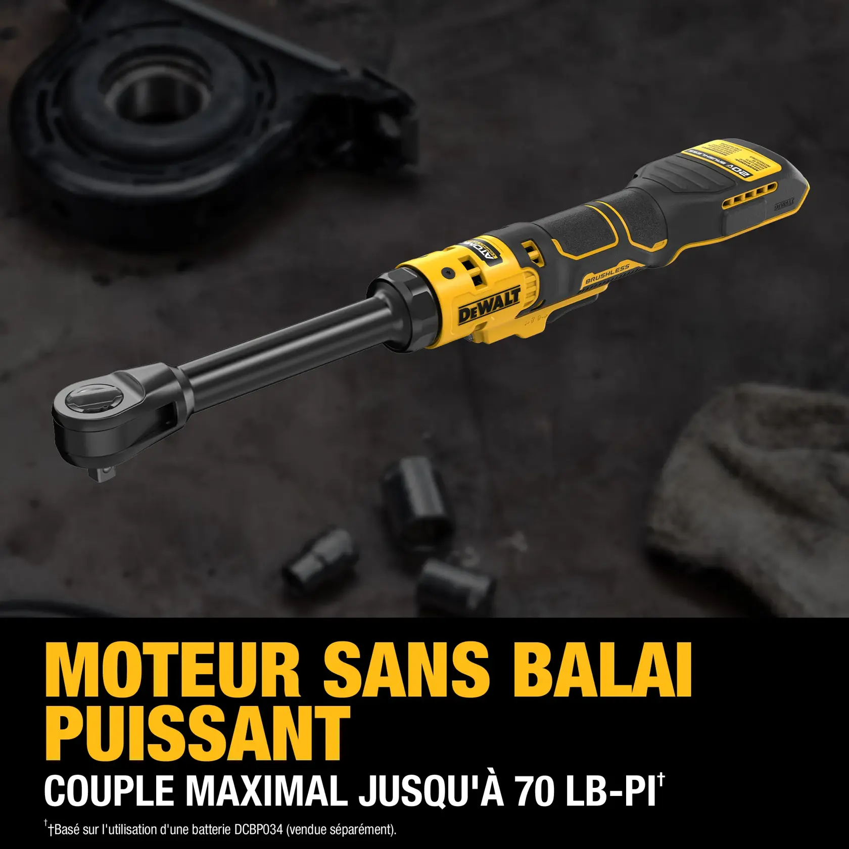 A DEWALT cordless ratchet tool is shown, featuring a yellow and black design. Text on the image highlights its powerful brushless motor with up to 70 ft-lbs. of max torque. The tool is placed on a workbench with automotive parts and a cloth in the background.
