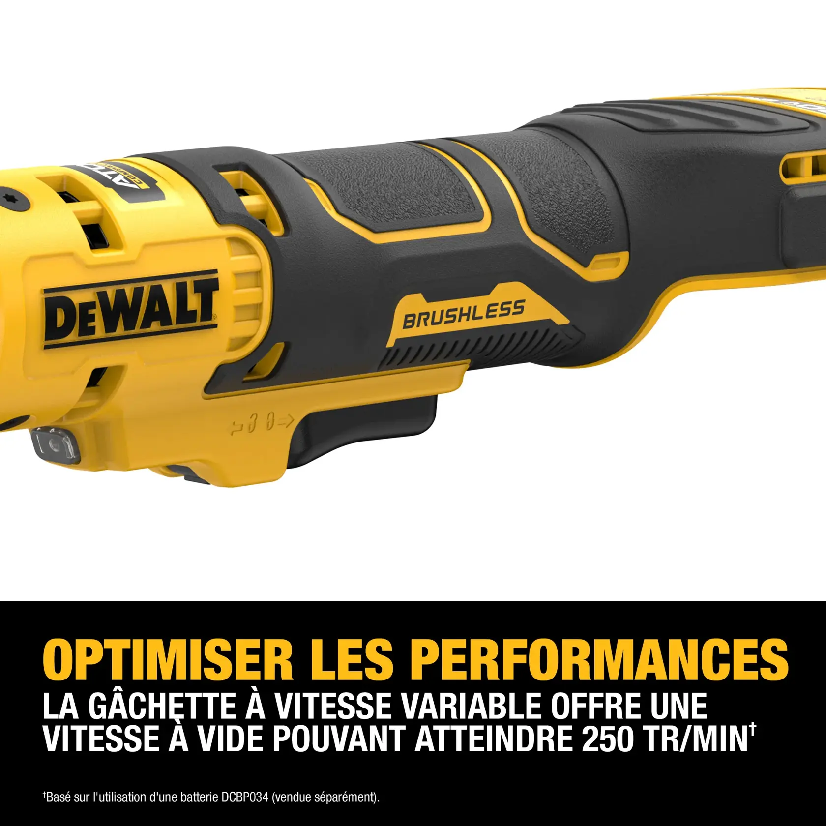 Close-up image of a DEWALT brushless power tool handle, featuring yellow and black color scheme. Text on the image highlights 'Optimize Performance' with a variable speed trigger that provides no load-speed up to 250 RPM. Additional information notes that speeds are based on using DCBP034 battery, which is sold separately.