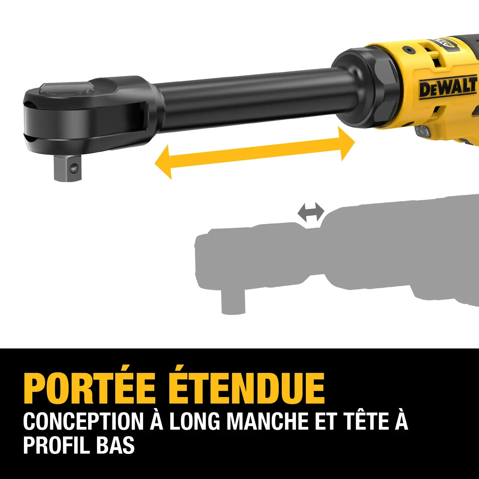 Image of a DEWALT power tool, specifically a long-neck electric ratchet. The tool is highlighted with an arrow indicating its extended reach feature. The text on the image reads 'EXTENDED REACH - LONG NECK DESIGN AND LOW PROFILE HEAD.'