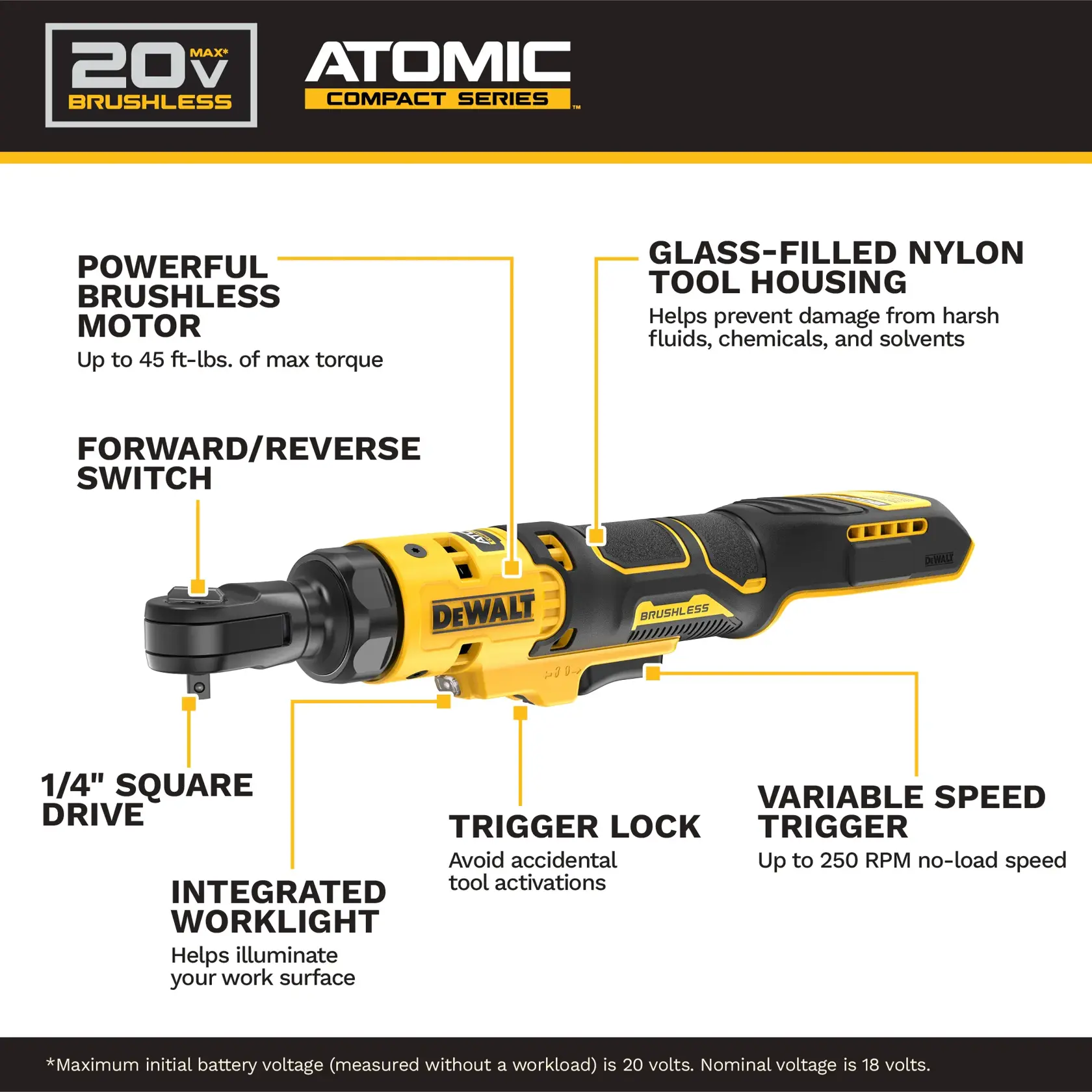 Product information image showing a DEWALT 20V Max Brushless Atomic Compact Series ratchet tool. The image highlights features such as a powerful brushless motor with up to 45 ft-lbs of max torque, a glass-filled nylon tool housing for protection against harsh fluids and chemicals, a forward/reverse switch, a 1/4" square drive, an integrated worklight to illuminate the work surface, a trigger lock to avoid accidental activations, and a variable speed trigger with up to 250 RPM no-load speed.