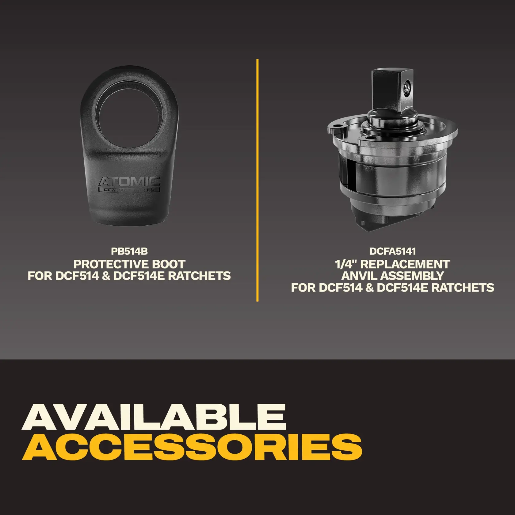 Image showing two available accessories for DCF514 and DCF514E ratchets: on the left, a PB514B protective boot labeled 'ATOMIC'; on the right, a DCFA5141 1/4-inch replacement anvil assembly. The background is dark with the text 'AVAILABLE ACCESSORIES' at the bottom.