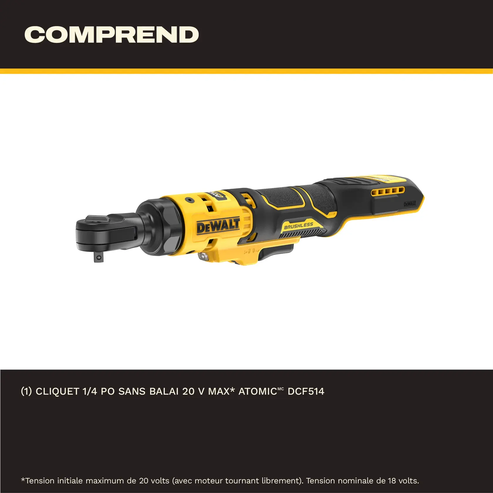 Image showing a DeWalt DCF514 Atomic 20V Max brushless 1/4 inch ratchet tool. The tool is yellow and black with DeWalt branding, displayed on a white background with the word 'INCLUDES' at the top.