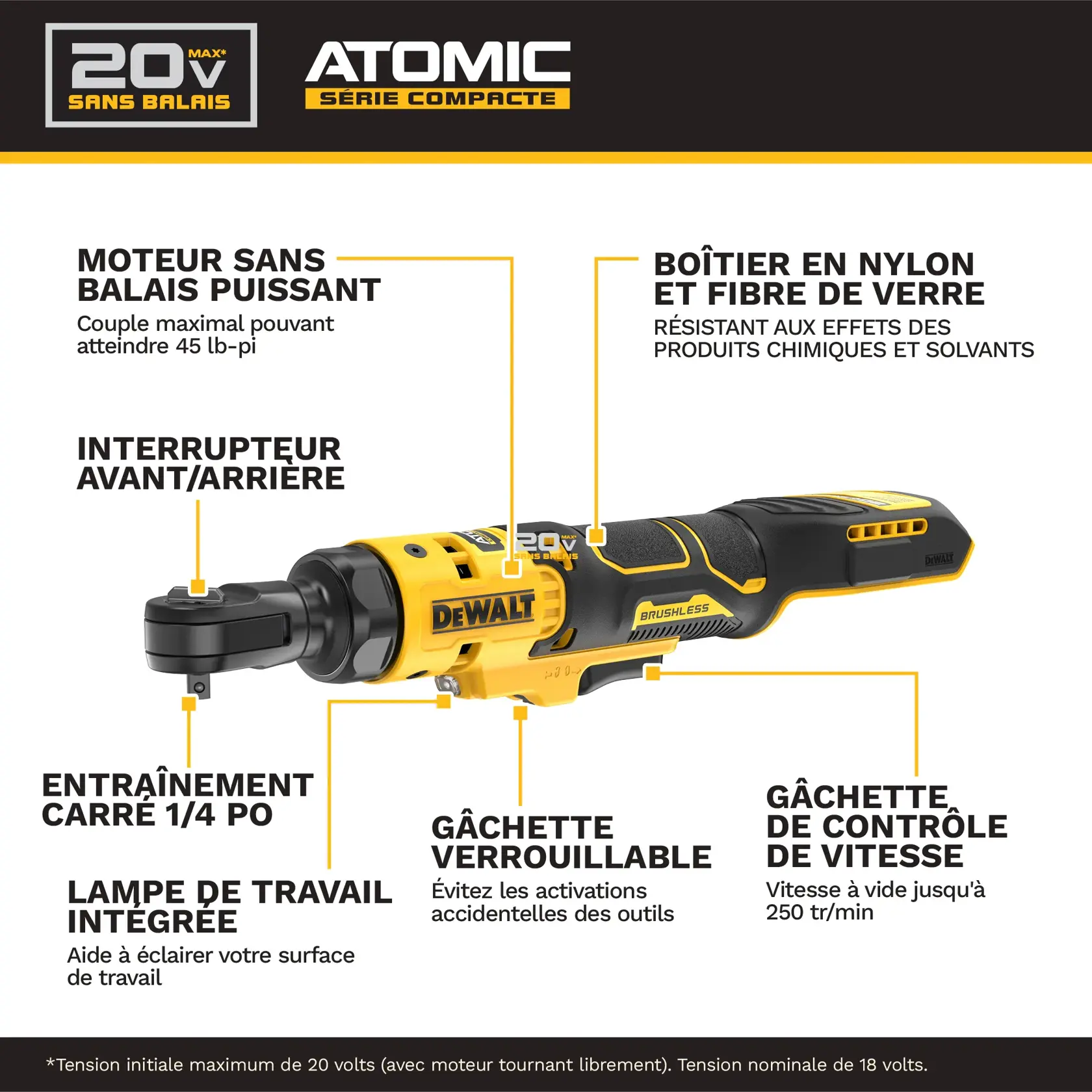 Product information image showing a DEWALT 20V Max Brushless Atomic Compact Series ratchet tool. The image highlights features such as a powerful brushless motor with up to 45 ft-lbs of max torque, a glass-filled nylon tool housing for protection against harsh fluids and chemicals, a forward/reverse switch, a 1/4" square drive, an integrated worklight to illuminate the work surface, a trigger lock to avoid accidental activations, and a variable speed trigger with up to 250 RPM no-load speed.