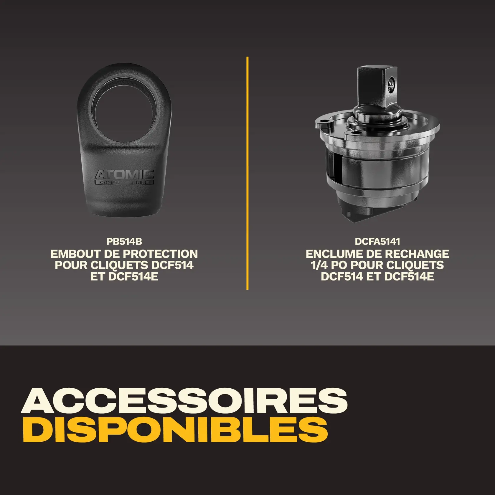 Image showing two available accessories for DCF514 and DCF514E ratchets: on the left, a PB514B protective boot labeled 'ATOMIC'; on the right, a DCFA5141 1/4-inch replacement anvil assembly. The background is dark with the text 'AVAILABLE ACCESSORIES' at the bottom.
