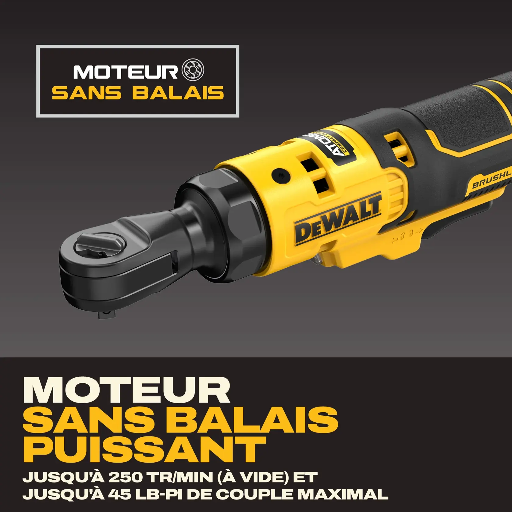 Close-up of a yellow and black DEWALT power tool featuring a brushless motor. Text on the image highlights 'Brushless Motor' and describes its performance as having up to 250 RPM (no-load) and up to 45 ft-lbs of maximum torque.