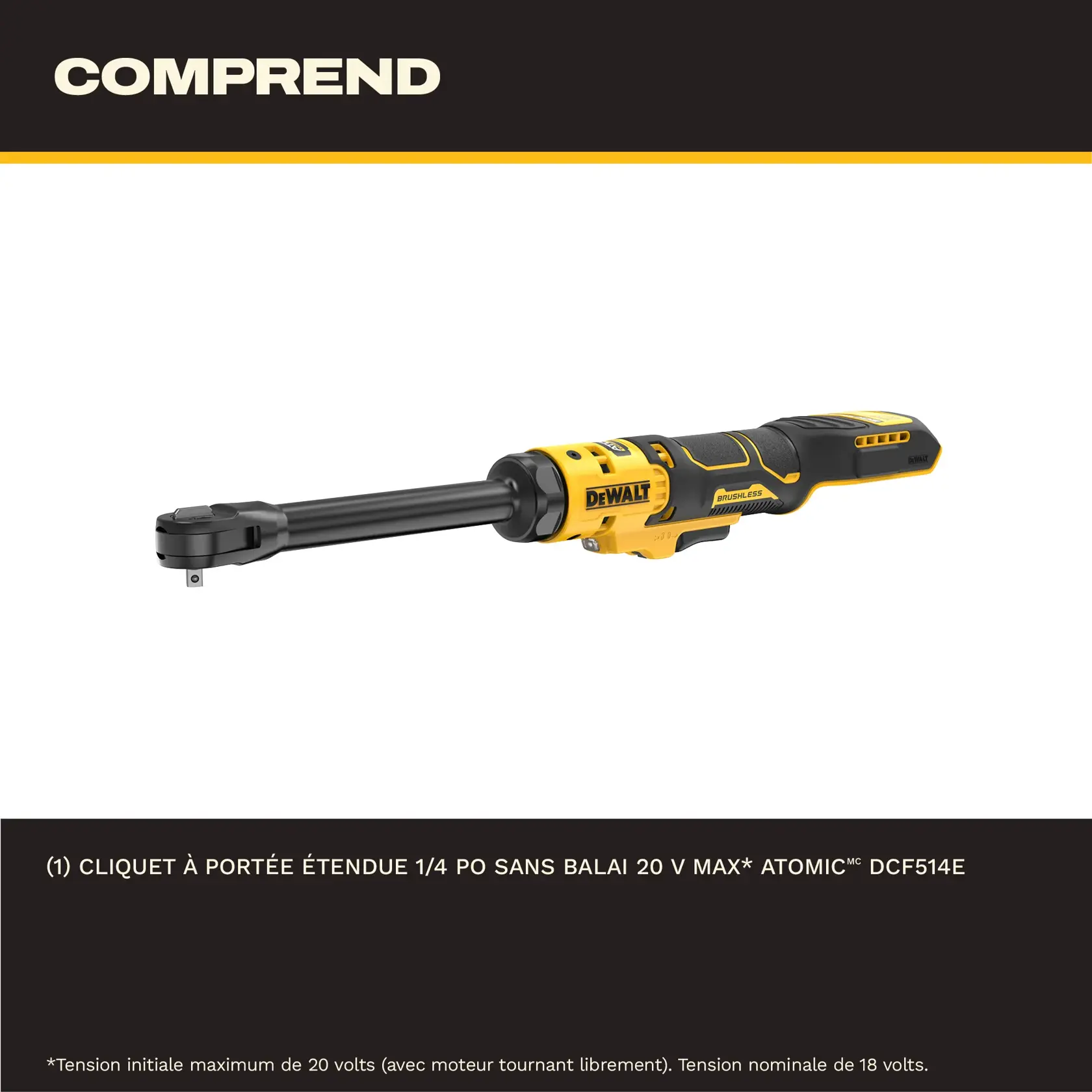 DEWALT 20V MAX brushless extended reach ratchet tool, yellow and black, shown in profile.