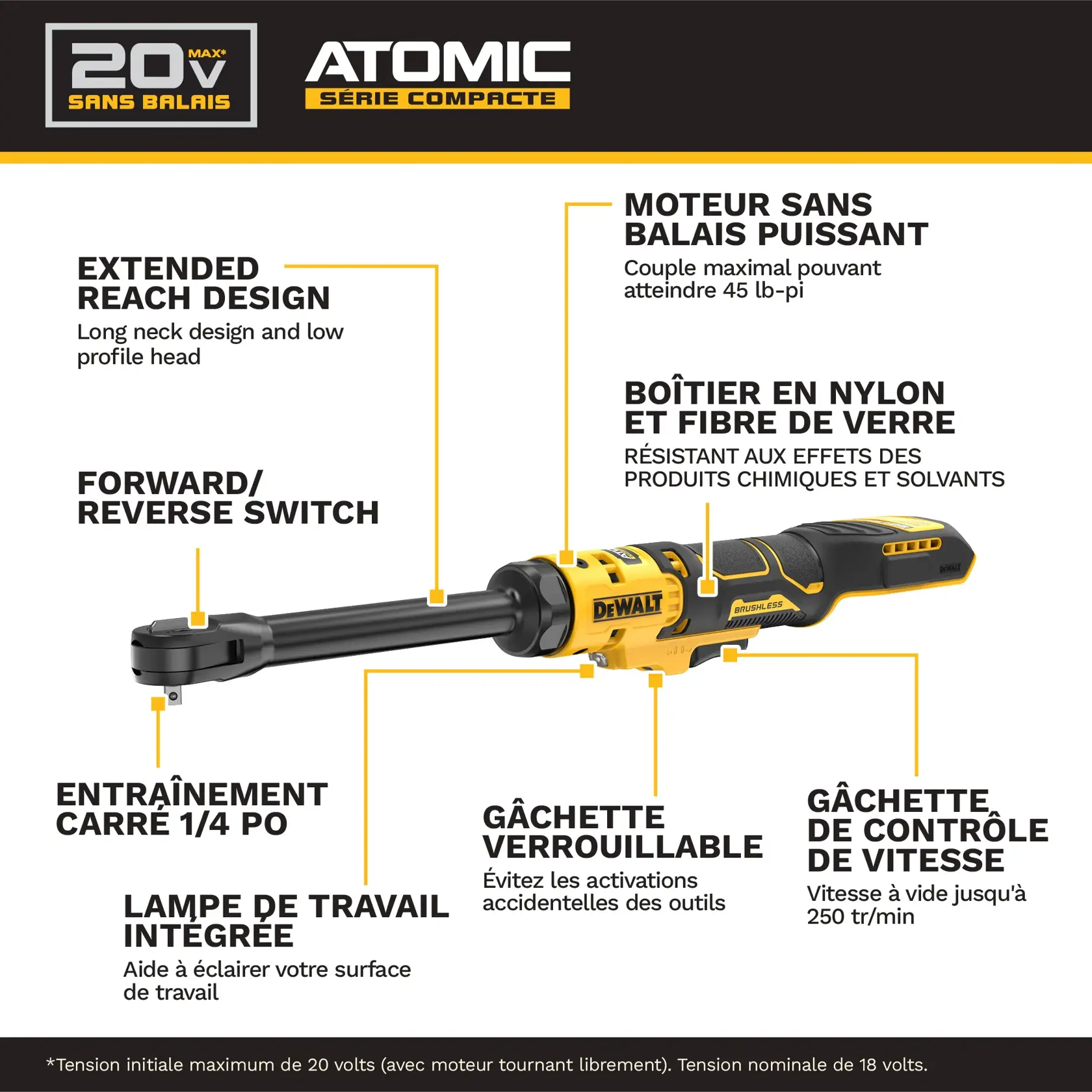 DEWALT Atomic 20V brushless ratchet tool with features labeled, including motor, worklight, trigger, and housing.