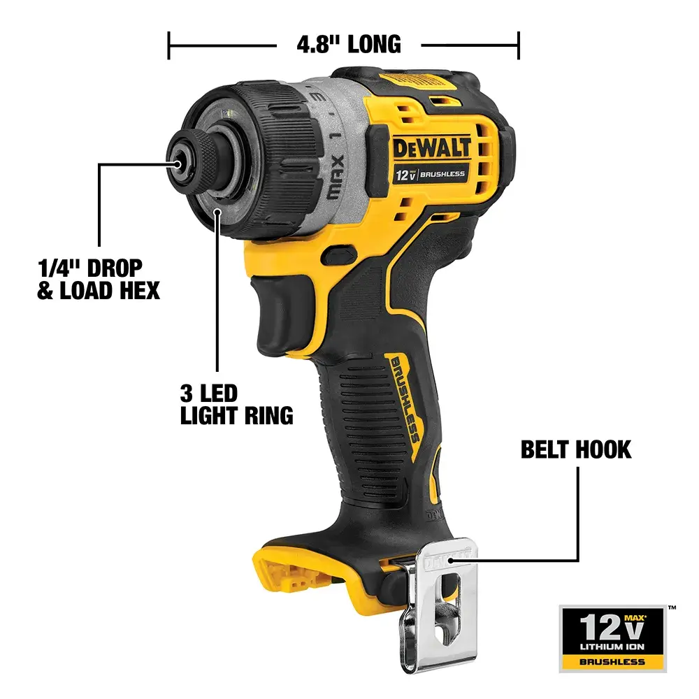 A labeled image of a DEWALT cordless power screwdriver, showing features such as a 4.8-inch length, 1/4-inch drop & load hex, 3 LED light ring, belt hook, and 12V lithium ion brushless motor.