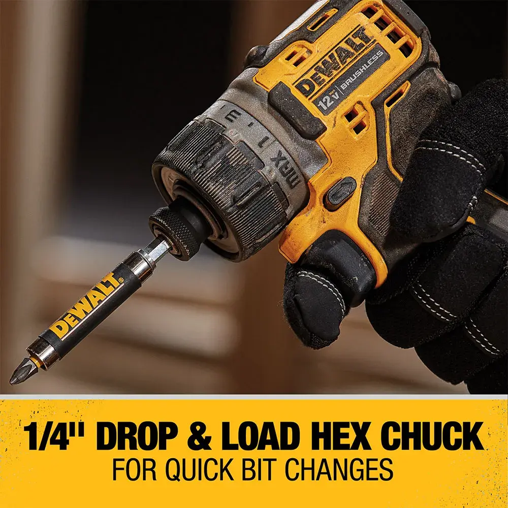 A close-up image of a DEWALT 12V cordless screwdriver with a 1/4 inch drop and load hex chuck for quick bit changes, held by a gloved hand. The background includes blurred cabinetry.