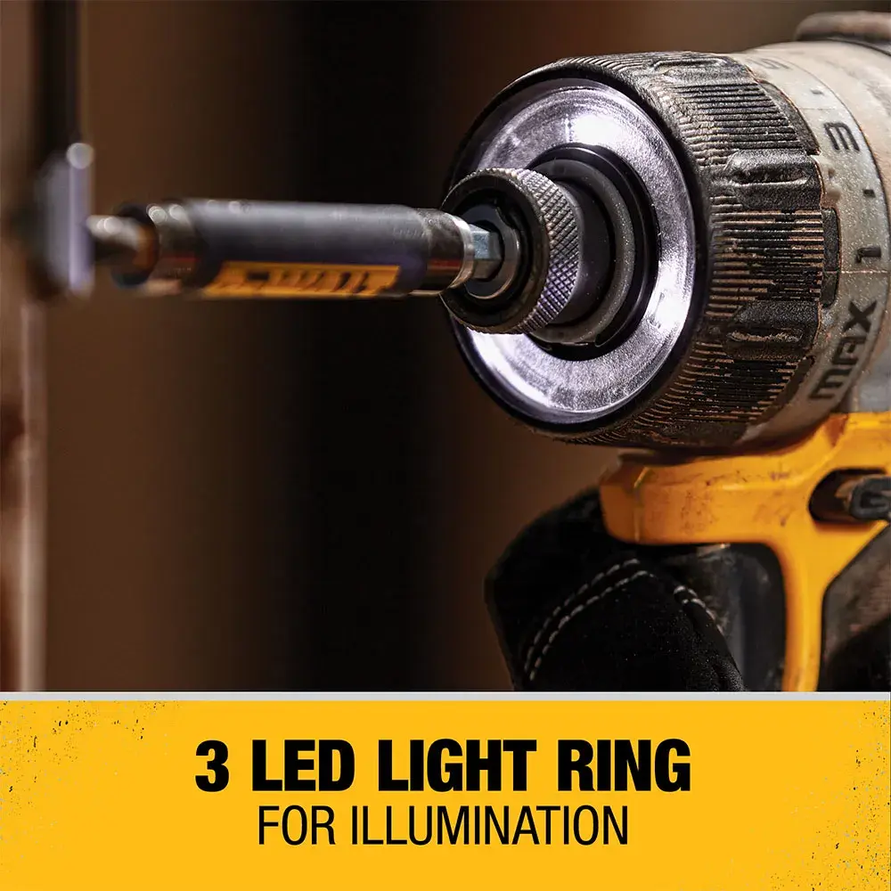 Close-up image of a DEWALT power tool displaying a 3 LED light ring around the drill bit for illumination, with text highlighting the feature.