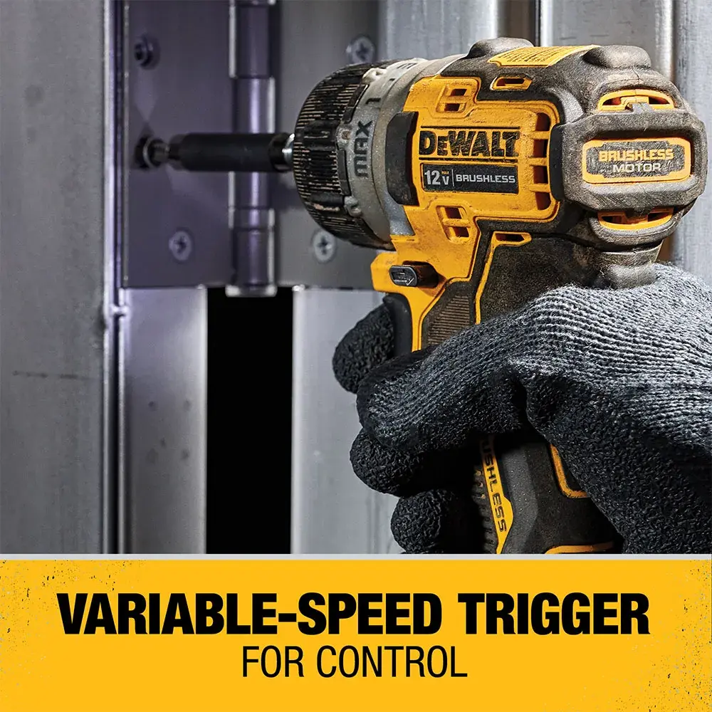 A gloved hand holds a DEWALT 12V brushless cordless impact driver against a metal surface. Text on the image reads: 'Variable-Speed Trigger For Control.'