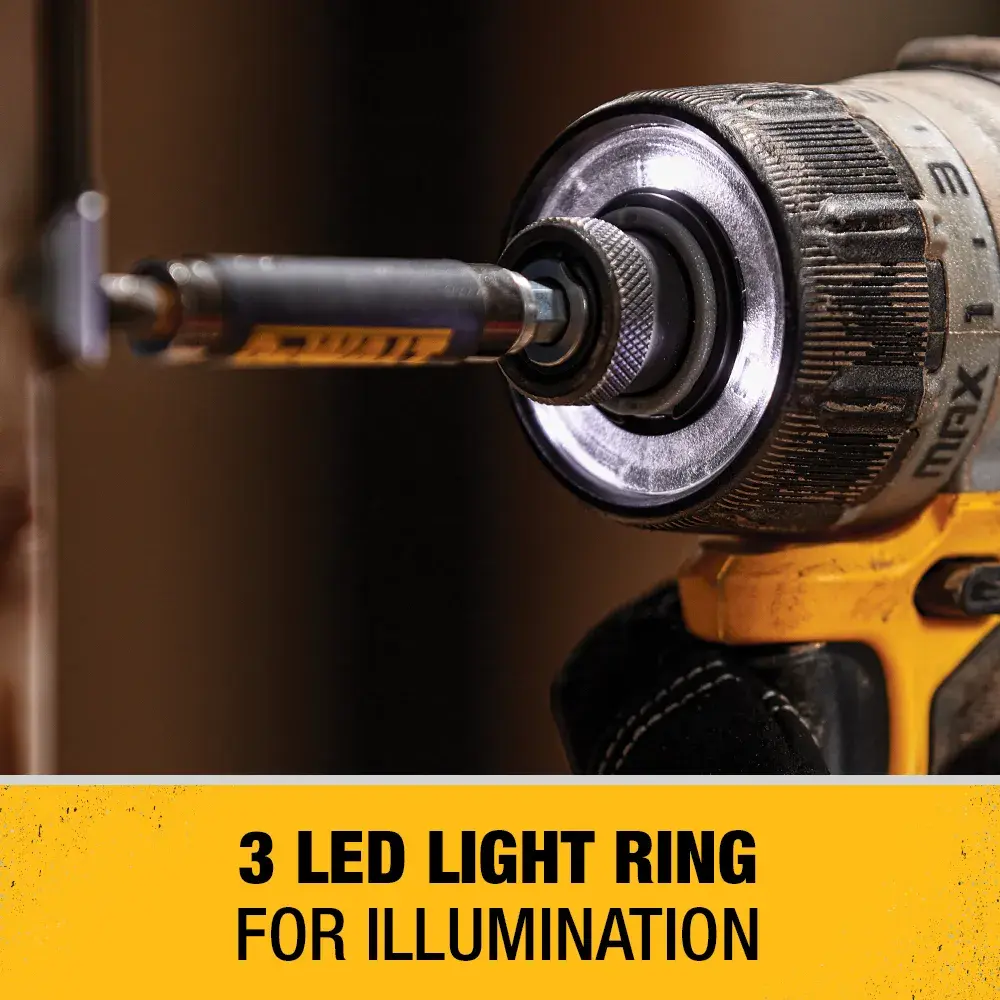 Close-up of a DEWALT cordless drill showing a bit attached and a ring of three LED lights around the chuck for illumination. The image has a yellow banner at the bottom with the text: '3 LED LIGHT RING FOR ILLUMINATION.'