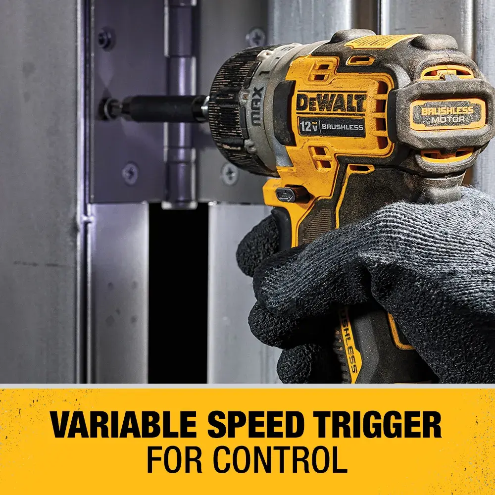 A close-up view of a gloved hand operating a DEWALT 12V brushless cordless screwdriver. The tool is being used to drive a screw into a metal hinge. Below the image, a yellow banner reads, 'VARIABLE SPEED TRIGGER FOR CONTROL.'