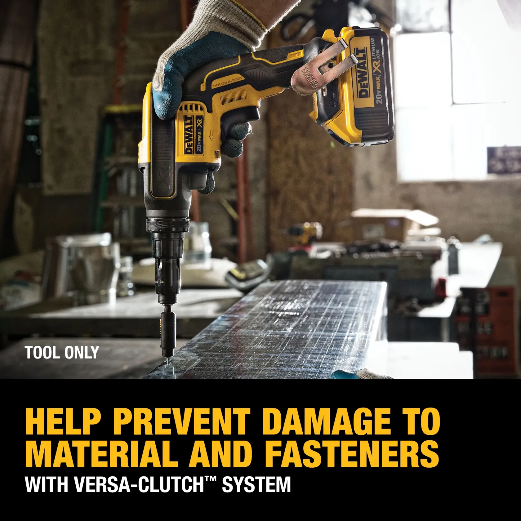 A gloved hand holding a DEWALT cordless screwdriver (SKU: DCF622B) with Versa-Clutch system, operating on a metal surface in a workshop. Promotional text highlights preventing damage to material and fasteners.