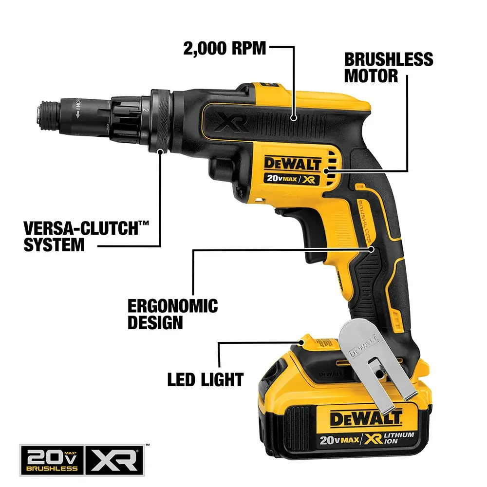 DEWALT 20V MAX XR cordless tool with highlighted features including 2,000 RPM, brushless motor, Versa-Clutch system, ergonomic design, and LED light.
