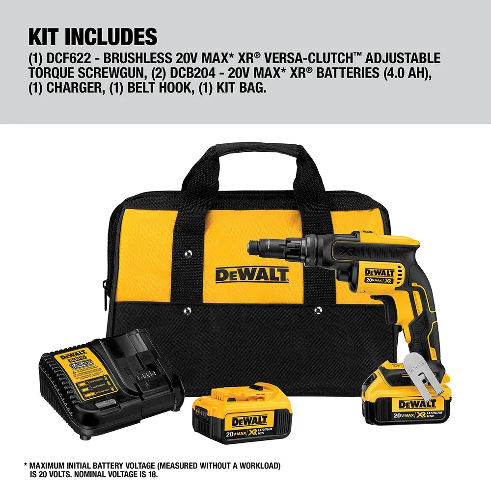 DEWALT 20V MAX XR brushless adjustable torque screwgun kit (SKU: DCF622M2) including a screwgun, two 20V MAX XR batteries, a charger, a belt hook, and a DEWALT branded tool bag. The items are displayed on a white background.