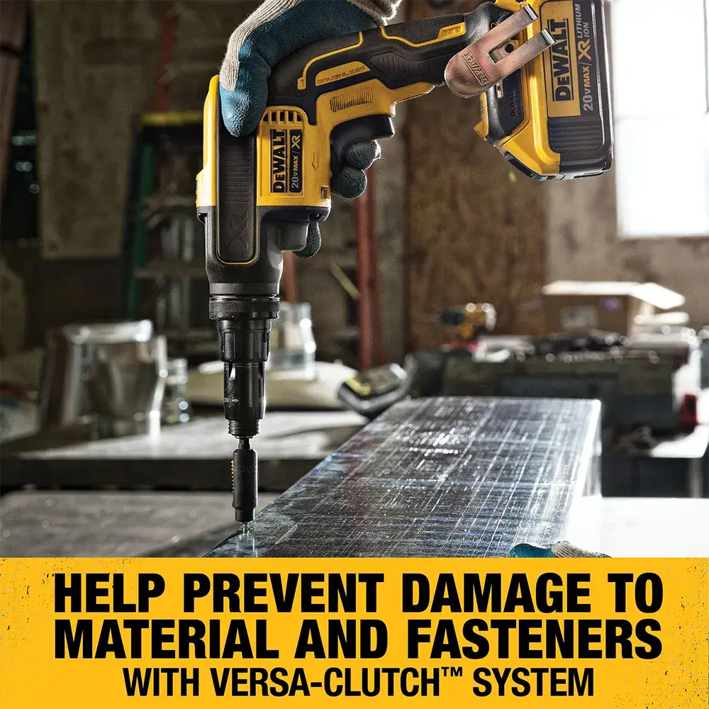 A DEWALT cordless screw gun (SKU: DCF622M2) with Versa-Clutch system is being used on a construction material. The image includes text that says, 'Help prevent damage to material and fasteners with Versa-Clutch™ system.'
