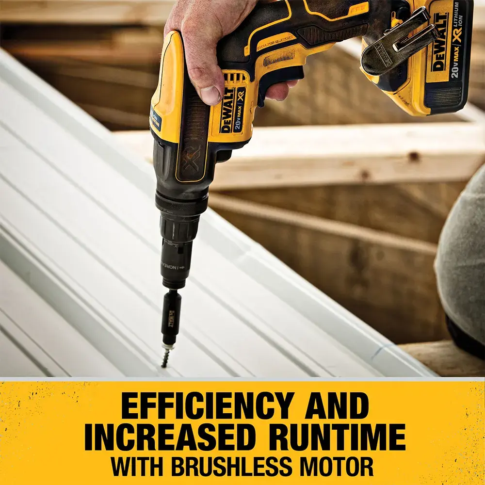 Person using a DEWALT cordless power tool on a metal surface, with a yellow banner displaying the text: 'Efficiency and increased runtime with brushless motor.'