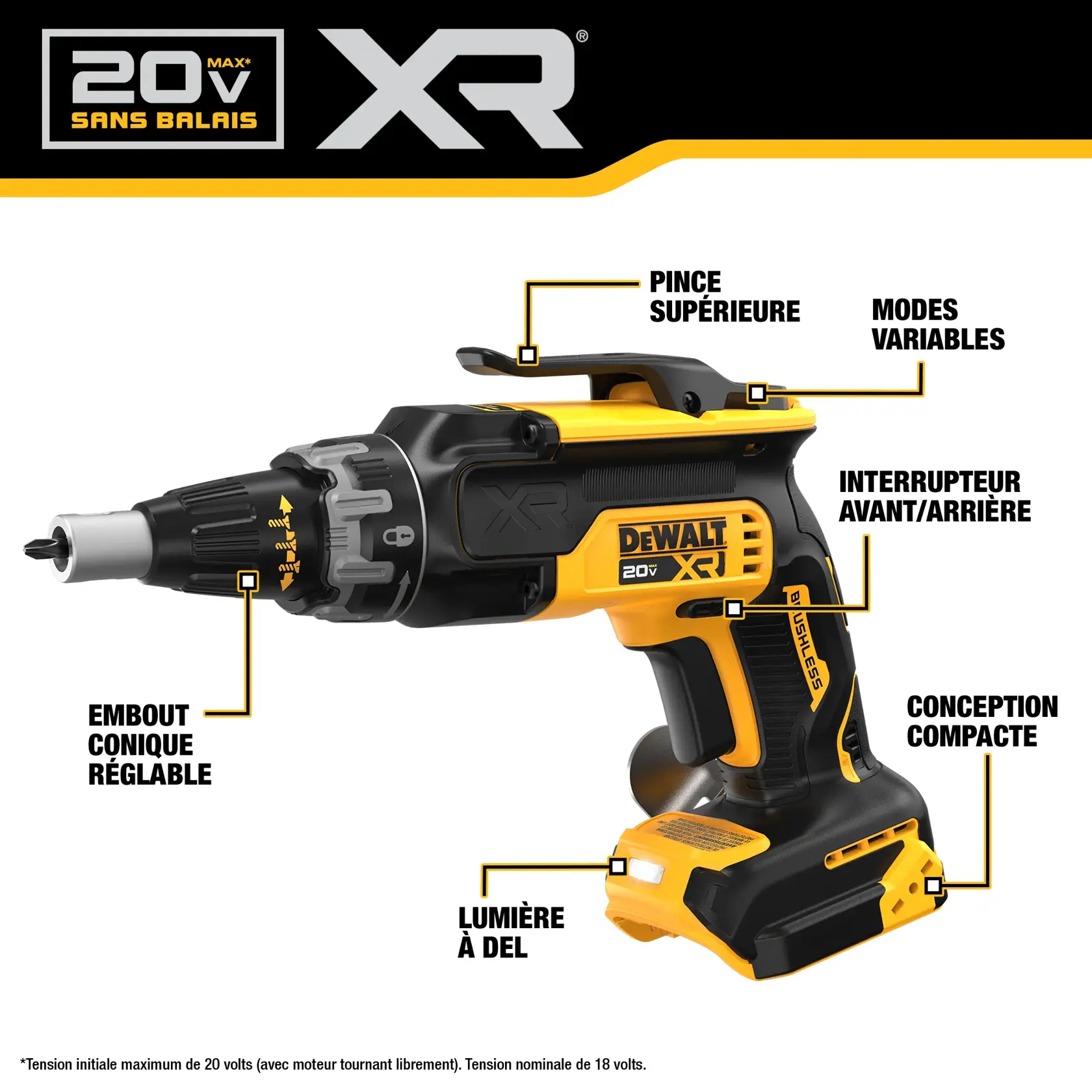 Close-up of a DEWALT 20V power tool with a digital electronic mode selector on the top. The mode selector has several illuminated icons and buttons, and text below reads 'Electronic mode select. Top-mounted location is accessible by operating hand.'