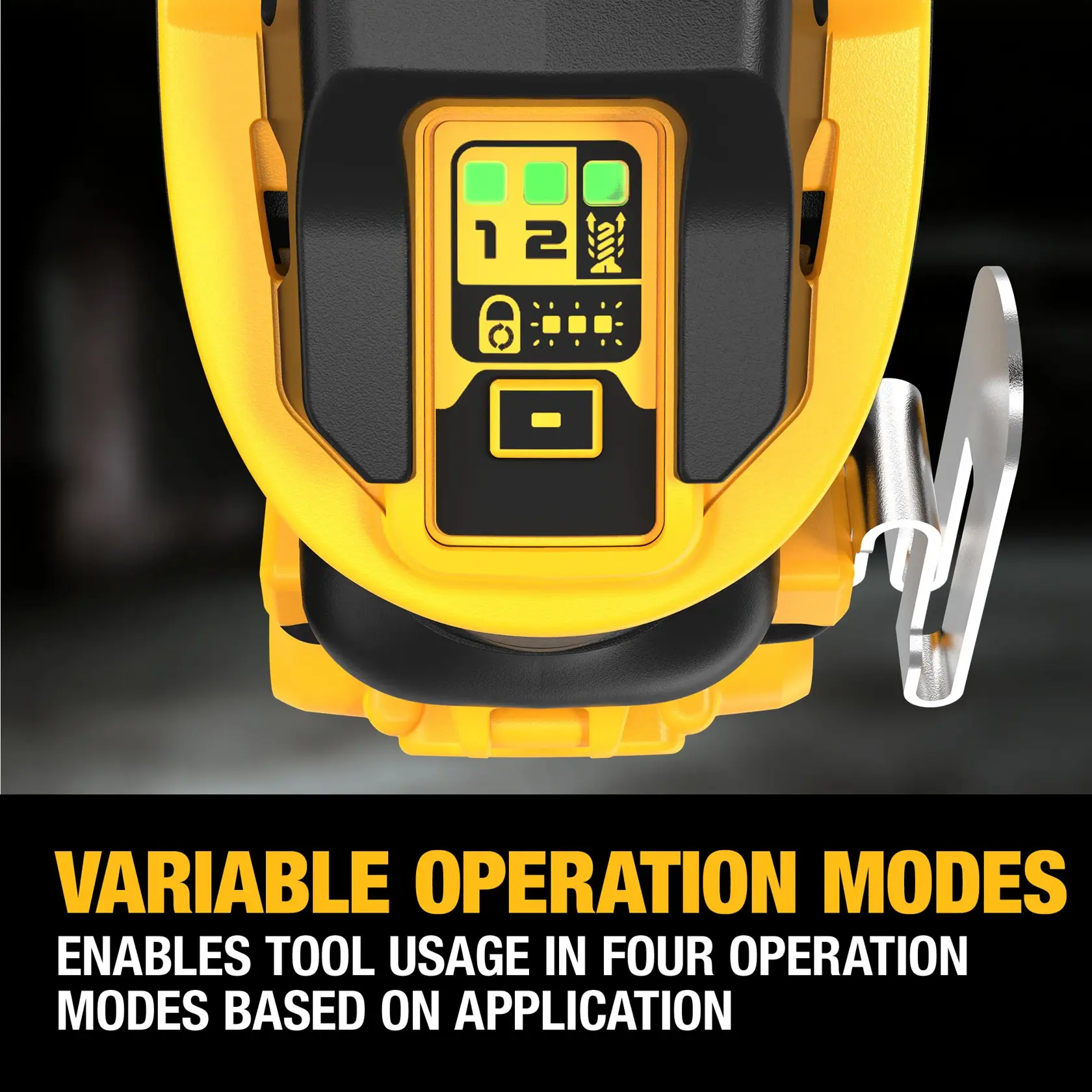 Close-up of a DEWALT power tool control panel with illuminated display, showing four selectable operation modes. Text below reads: 'Variable Operation Modes - Enables tool usage in four operation modes based on application.'
