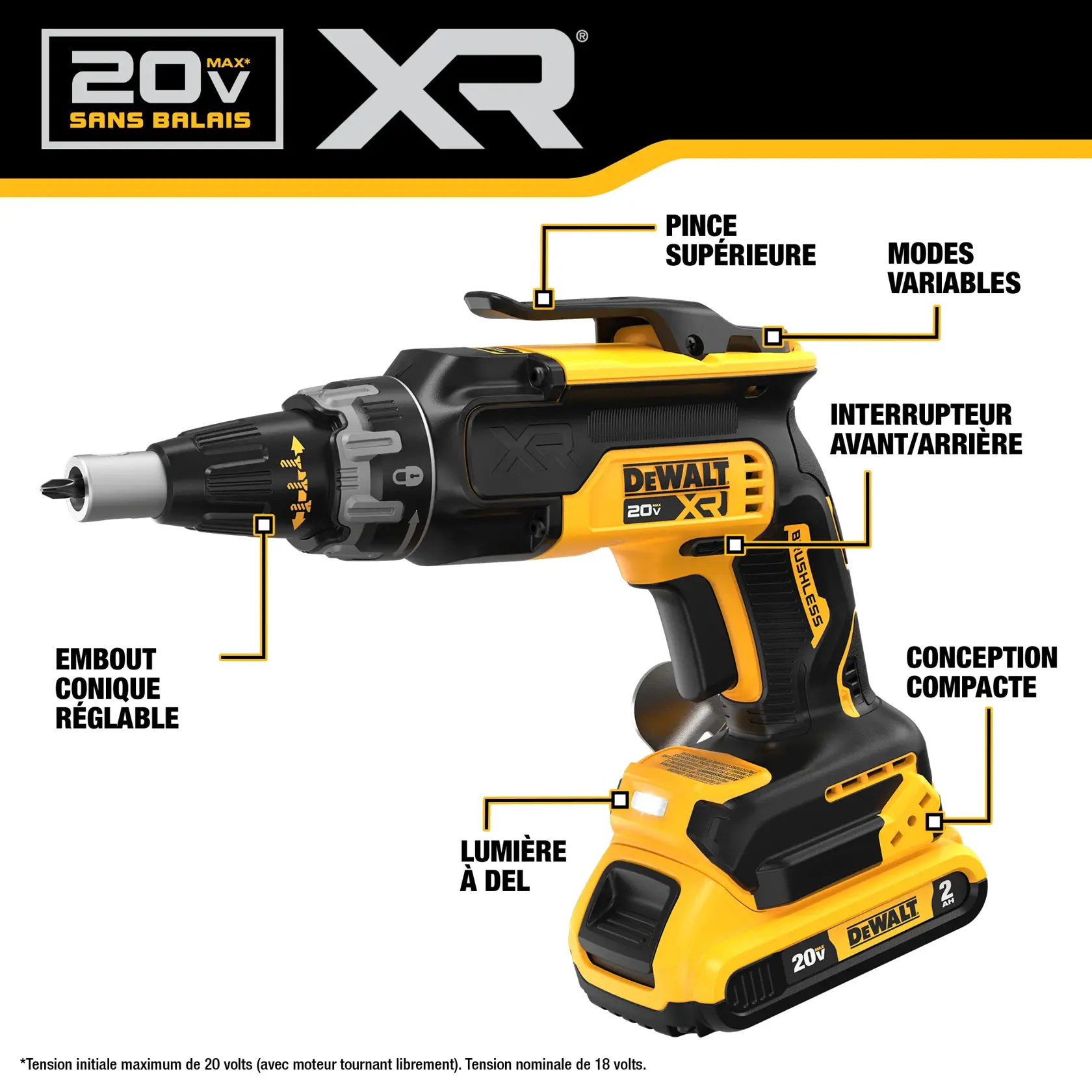 Close-up image of a DEWALT 20V XR brushless screw gun with yellow and black design. The text highlights its compact size and weight, designed to reduce fatigue and allow easy access to tight areas.