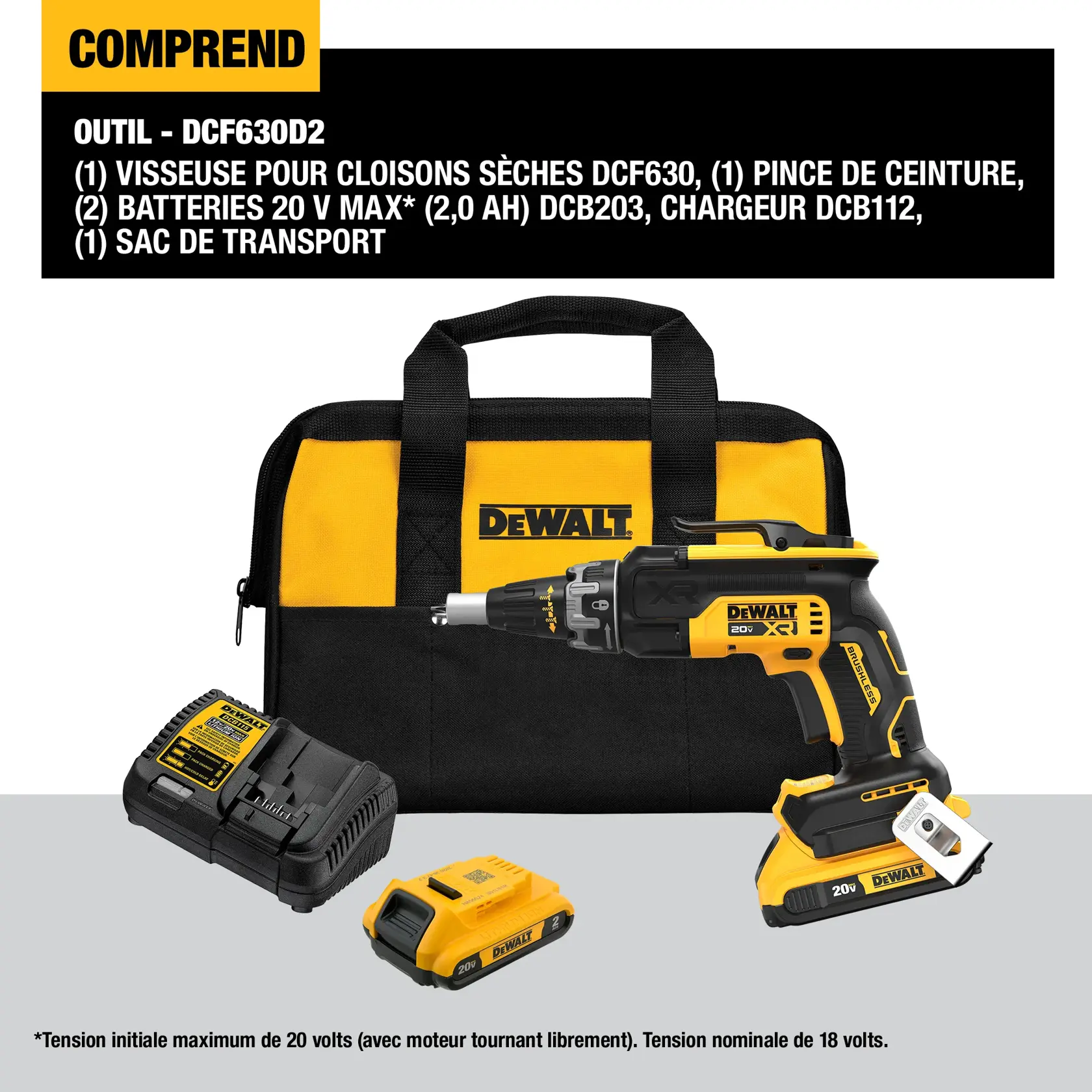 Close-up of the DEWALT 20V XR power tool showing the electronic mode select buttons on the top, with the text 'ELECTRONIC MODE SELECT - Top-mounted location is accessible by operating hand' displayed below.