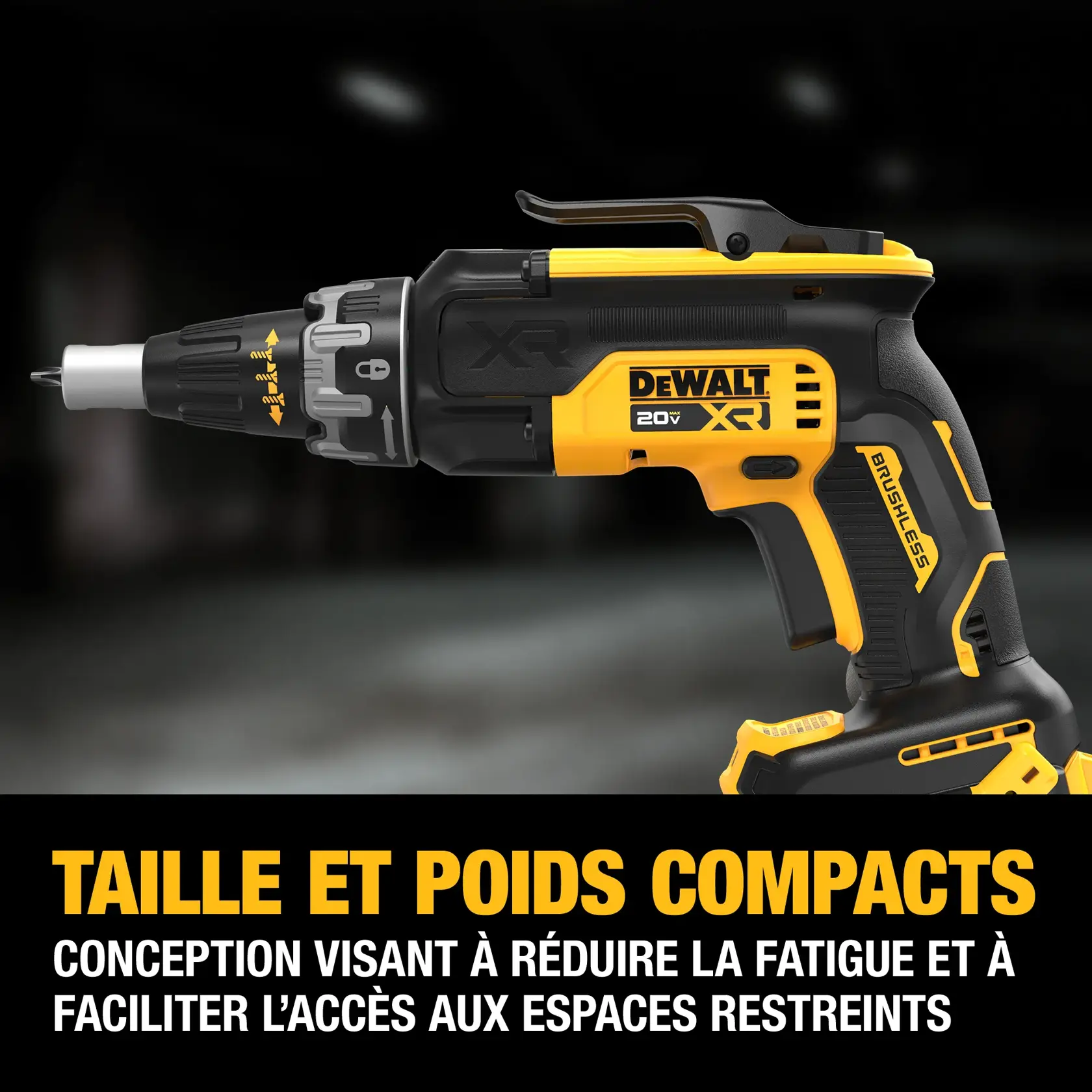 A person wearing a hard hat and gloves uses a DEWALT DCF630D2 cordless screwdriver to work on a wall panel indoors.