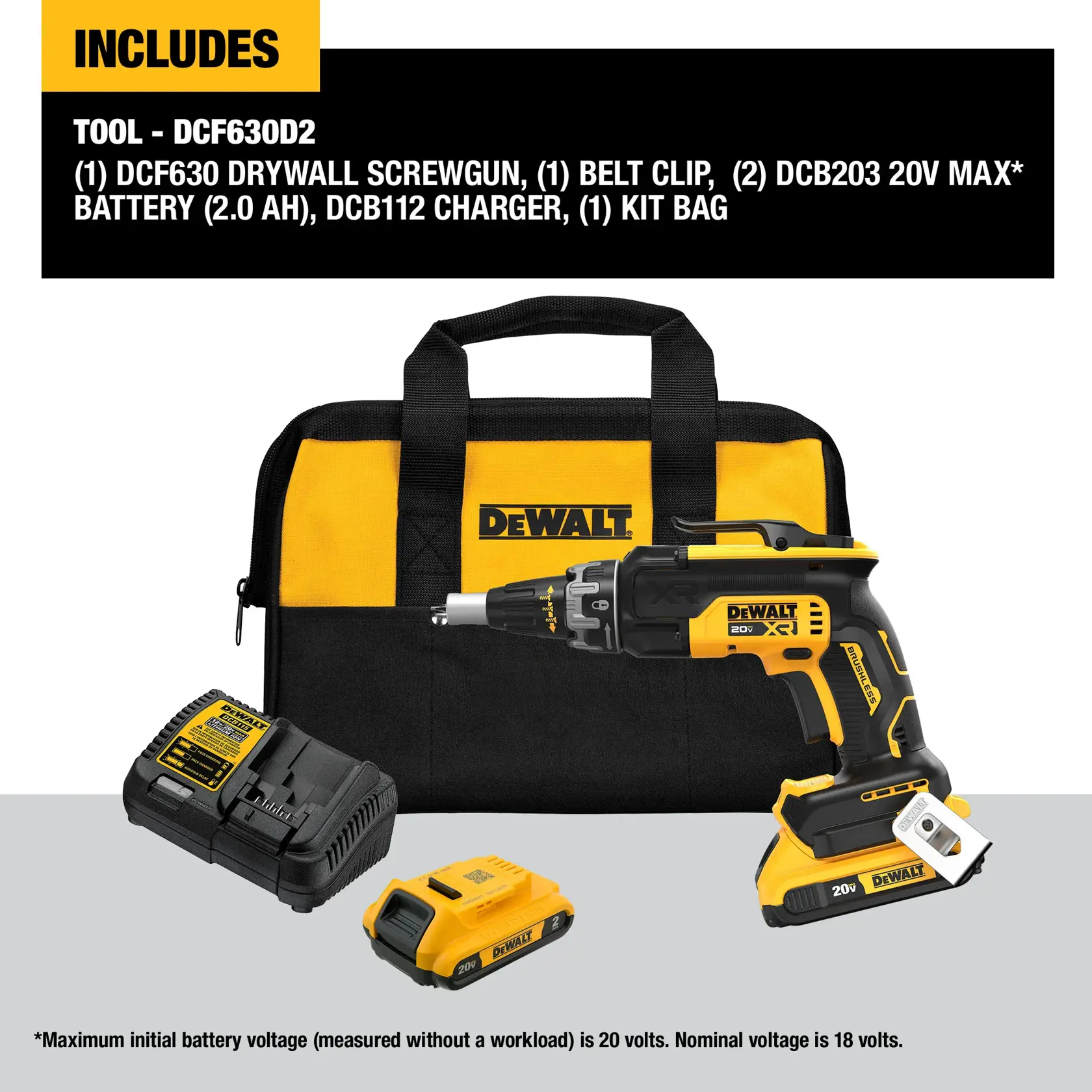 DEWALT DCF630D2 kit includes a cordless drywall screwgun, a belt clip, two 20V MAX* 2.0 Ah batteries, a charger, and a black and yellow DEWALT carrying bag. Products are displayed on a gray surface with descriptive text above.