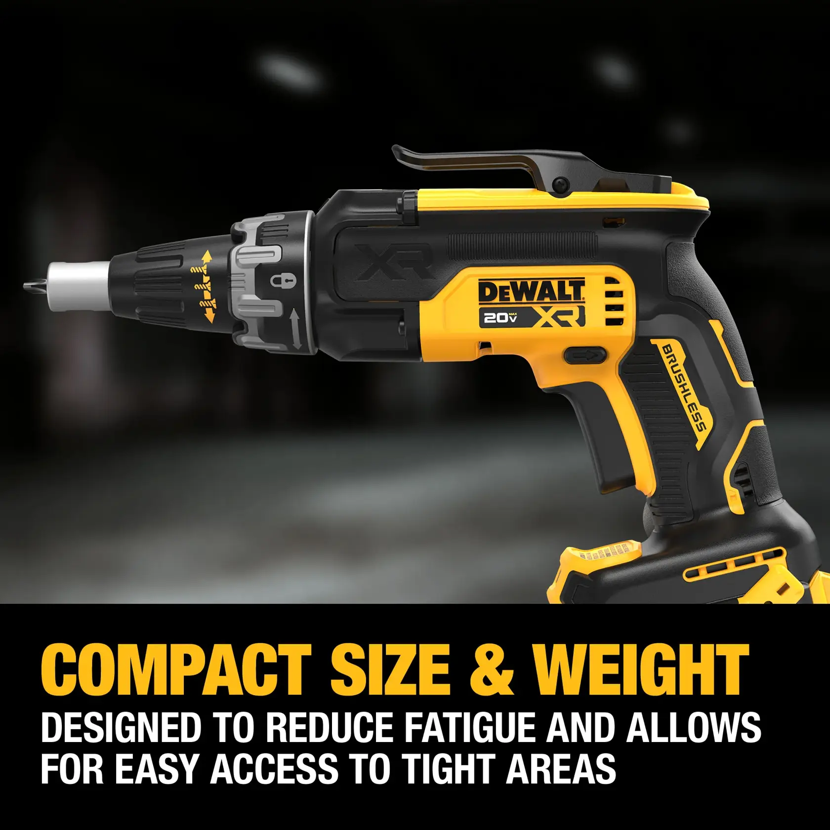Close-up image of a DEWALT 20V XR brushless screw gun with yellow and black design. The text highlights its compact size and weight, designed to reduce fatigue and allow easy access to tight areas.