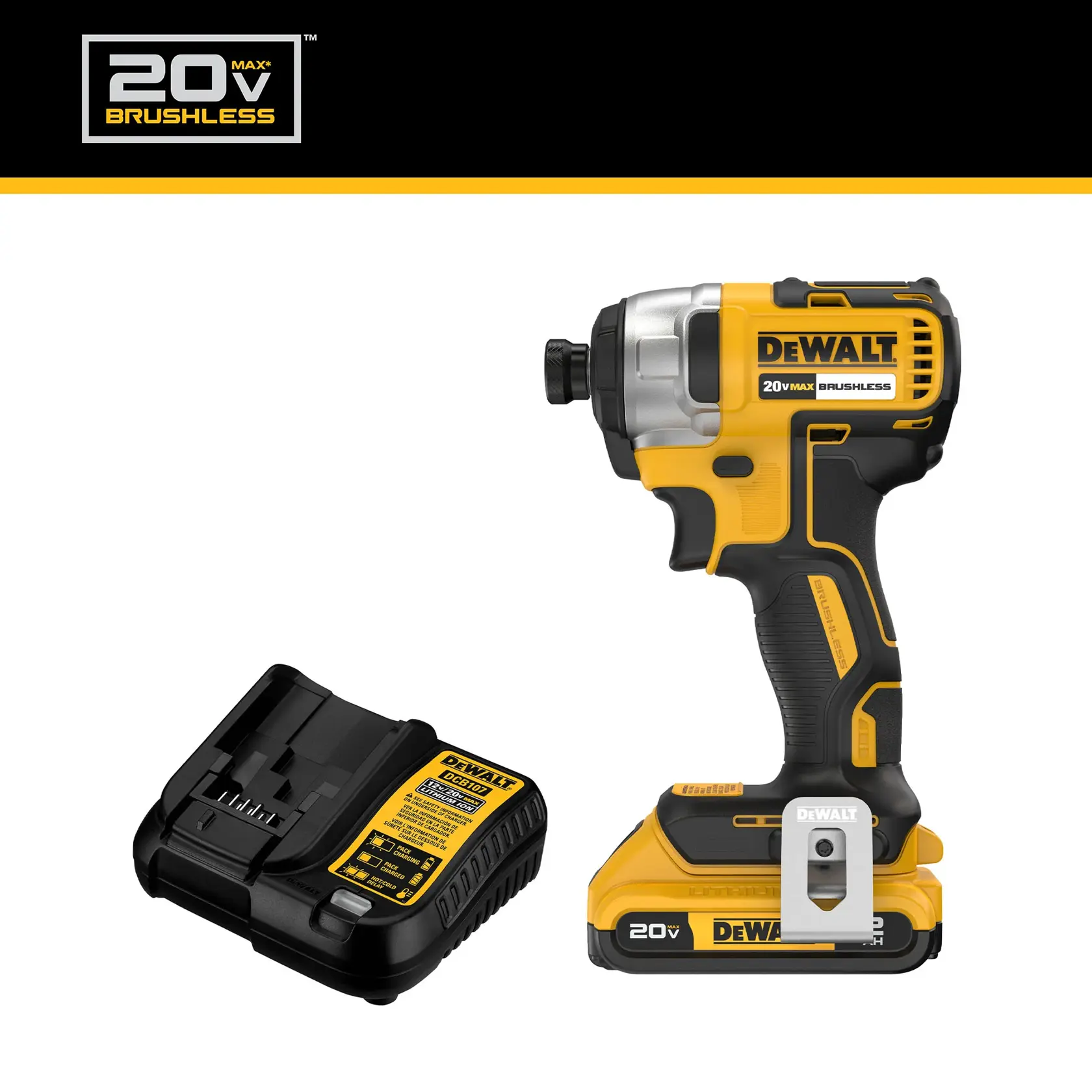A DEWALT 20V Max brushless cordless impact driver kit, featuring a yellow and black impact driver with a battery attached and a matching battery charger shown separately.