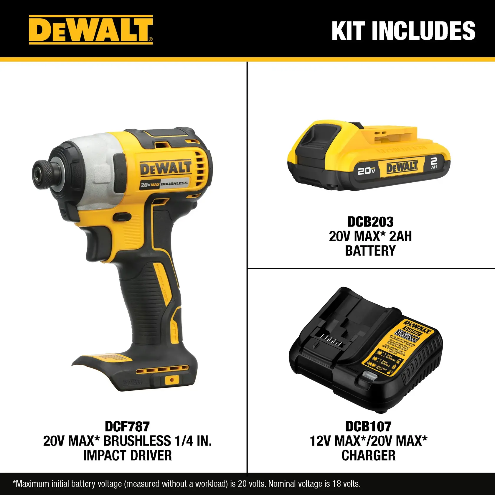 The image shows the contents of a DEWALT tool kit. It includes a DEWALT 20V MAX* brushless 1/4 inch impact driver (model DCF787), a 20V MAX* 2Ah battery (model DCB203), and a 12V MAX*/20V MAX* charger (model DCB107). All items are shown separately and labeled with their model numbers.