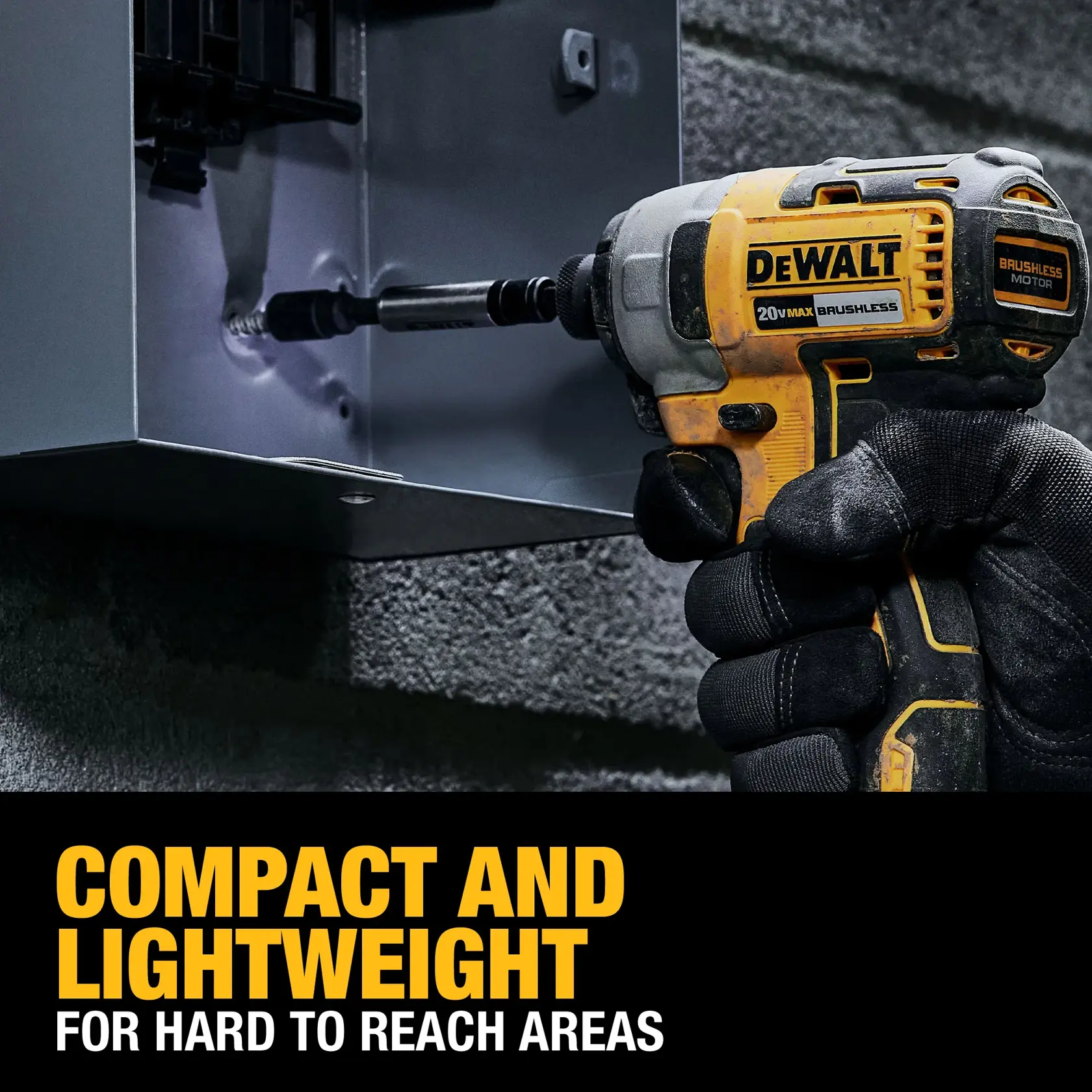 A gloved hand uses a DEWALT 20V Max brushless impact driver to drill into a metal electrical box. The image highlights the tool's compact and lightweight design, suitable for hard-to-reach areas.